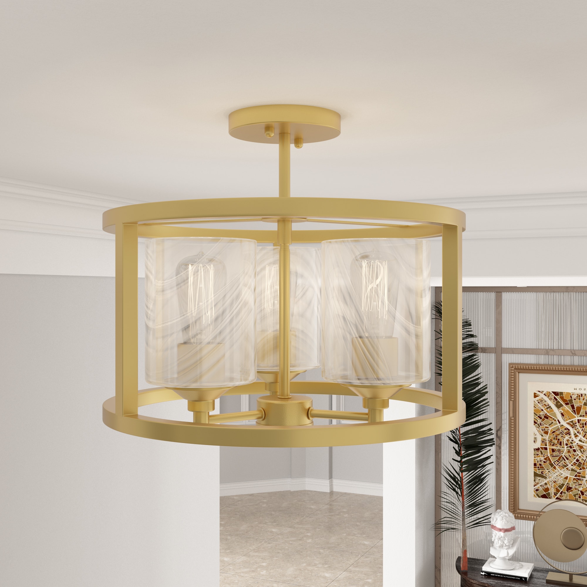 ACROMA 2333BGCA Annie 3 -Light 15-in Satin Brass Semi Flush Mount Light