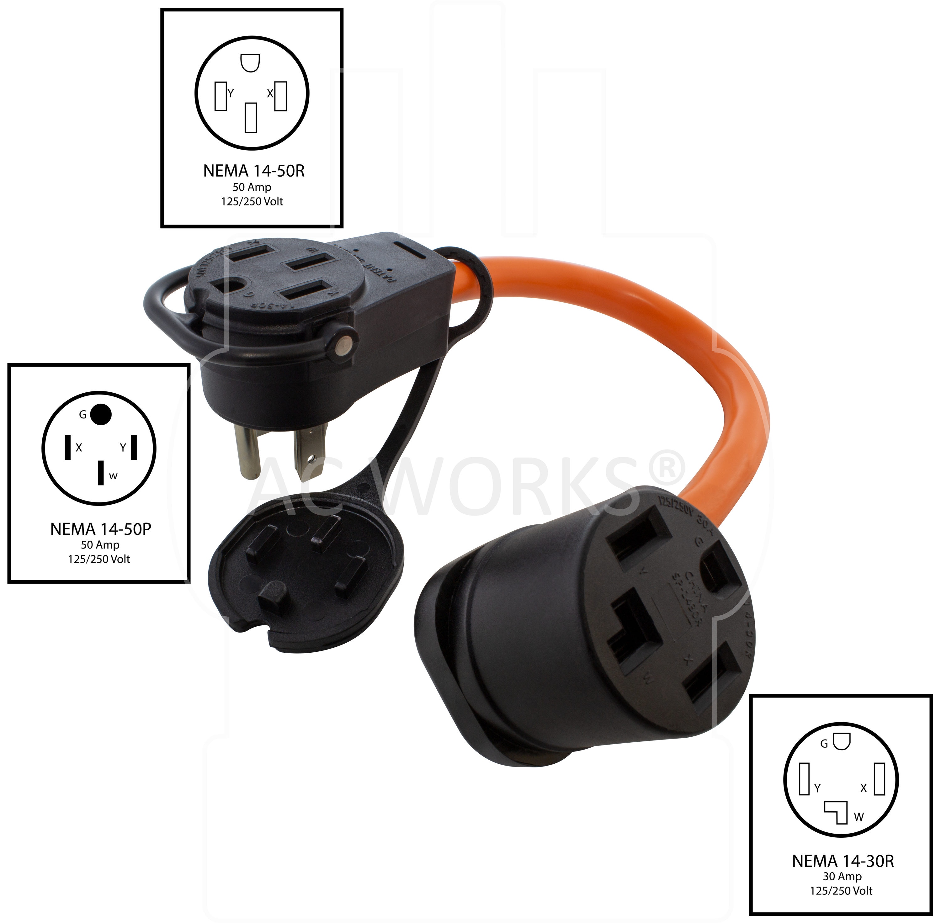 AC WORKS 1.5ft Piggy-Back NEMA 14-50P to NEMA 14-30R 50-Amp 4-wire Single  To Single Orange Basic Piggy-back Adapter in the Adapters & Splitters  department at
