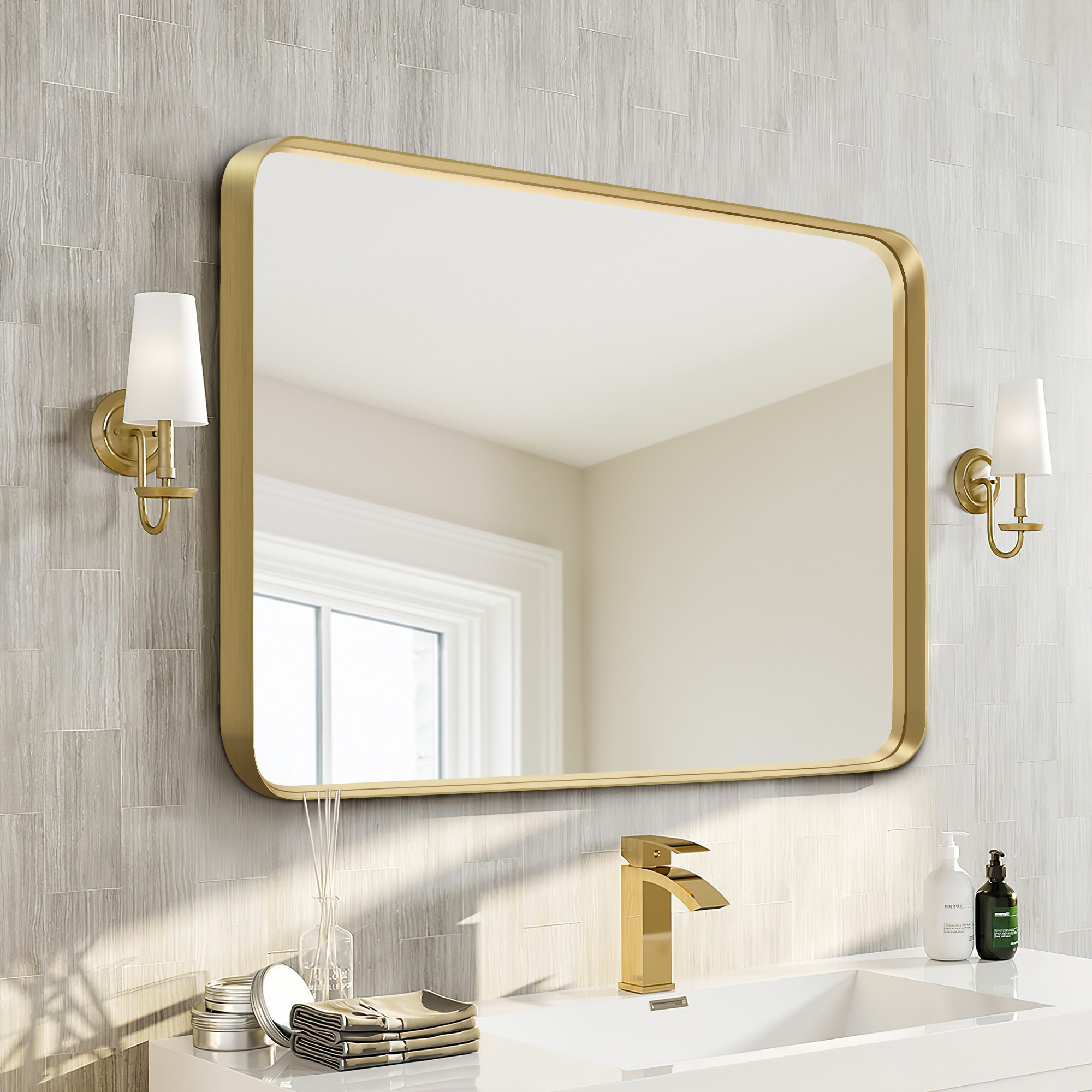 NeuType 24-in x 28-in Gold Framed Bathroom Vanity Mirror in the Bathroom  Mirrors department at