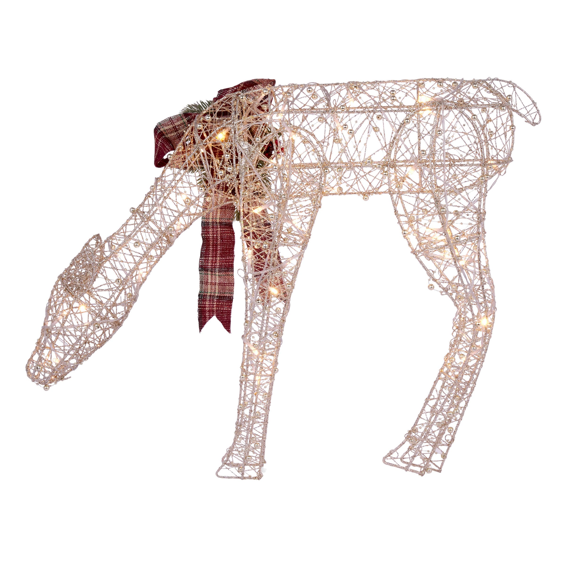 Gold Mesh Reindeer with LED Lights and Festive Bow