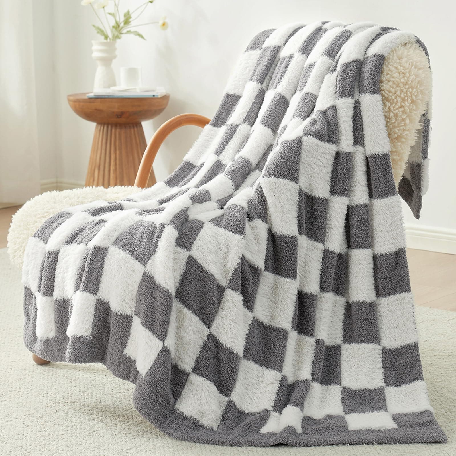 PIGFDK Grey White Throw50x60in  Checkered Throw Blanket Faux Microfiber Cozy Soft Warm All Seasons High Low Checkerboard Machine Washable