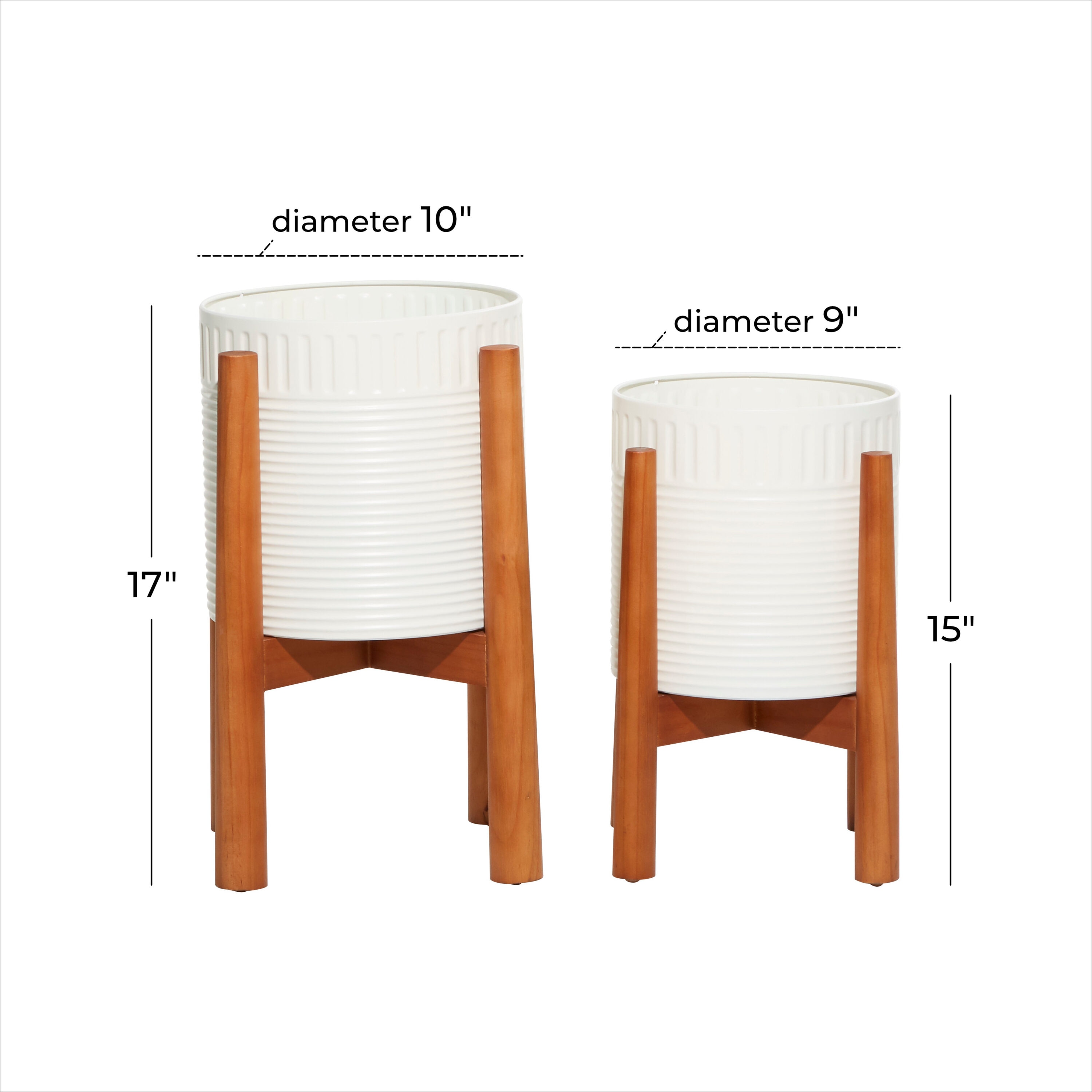 Elegant White Metal & Warm Wood Round Planters, Set of 2