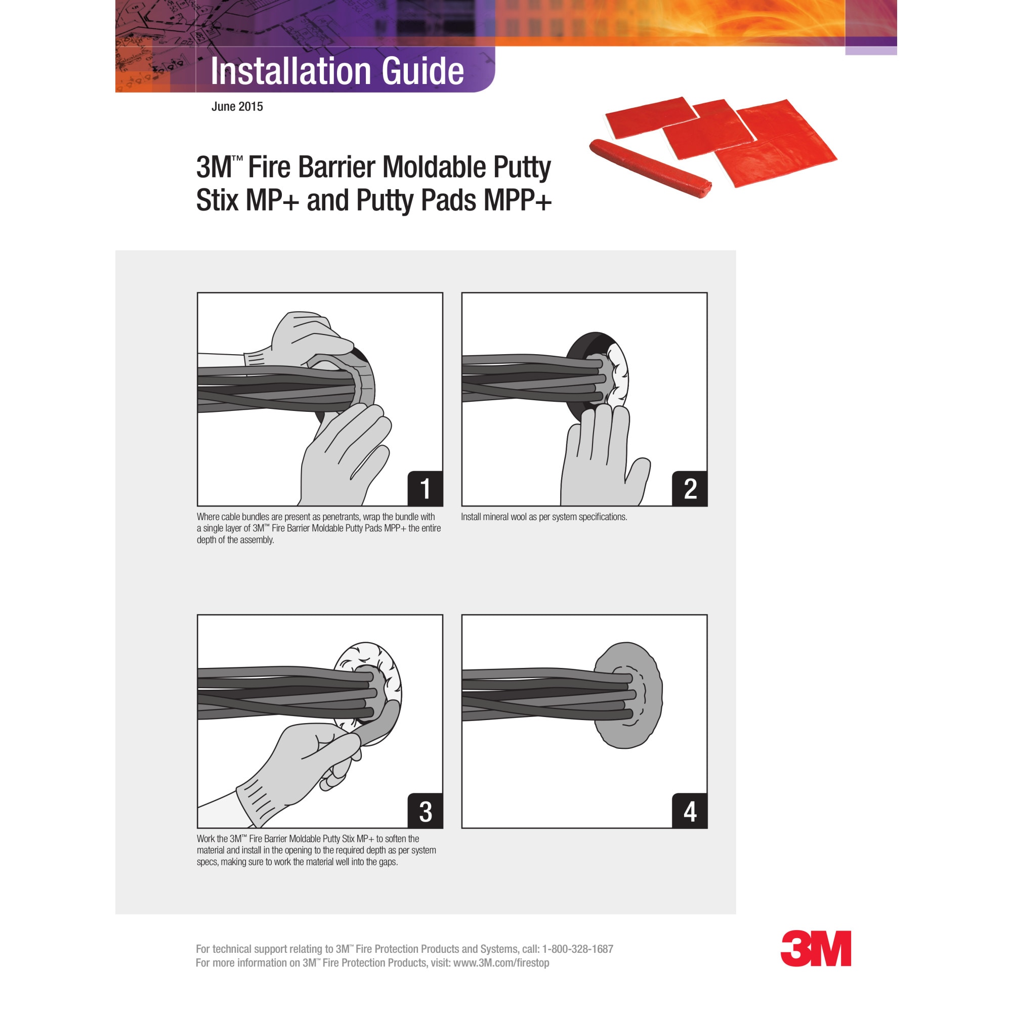 3M Fire Barrier Moldable Putty Stix MP+, 1.45 in x 6 in 