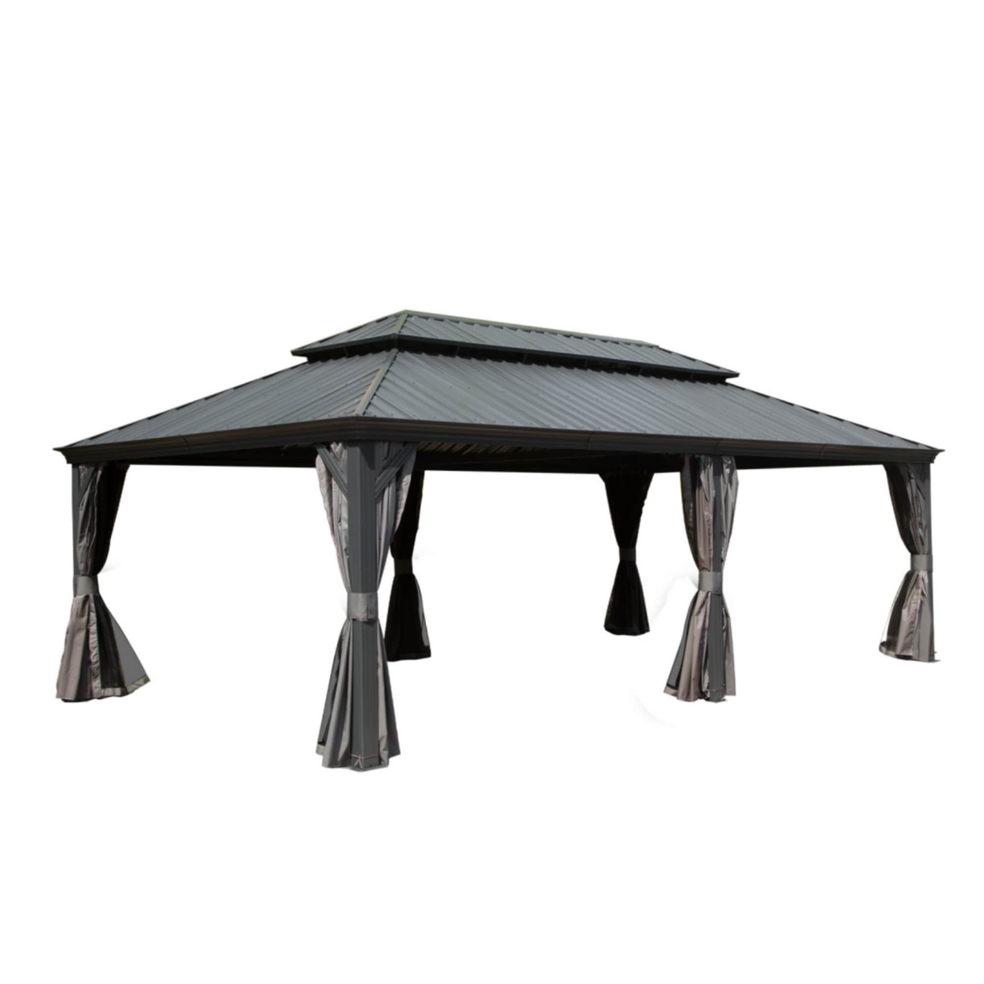 GDFStudio - Hardtop Metal 14x24FT Pavilion Galvanized Steel Double Roof with Gutter System Curtai...