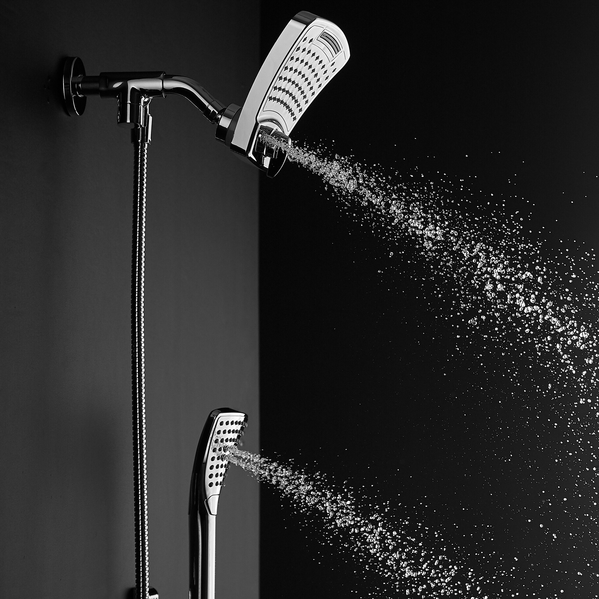 Chrome Wall Mounted Dual Shower Heads with Handheld Pulse