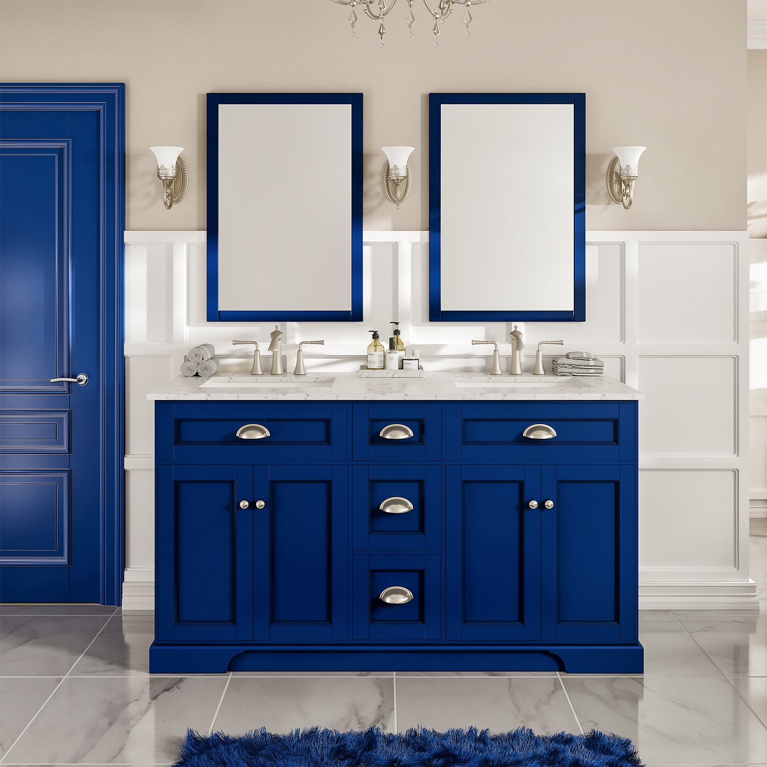 Eviva EVVN666-60BLU Epic 60-in Blue Undermount Double sink Bathroom Vanity with White Quartz Top