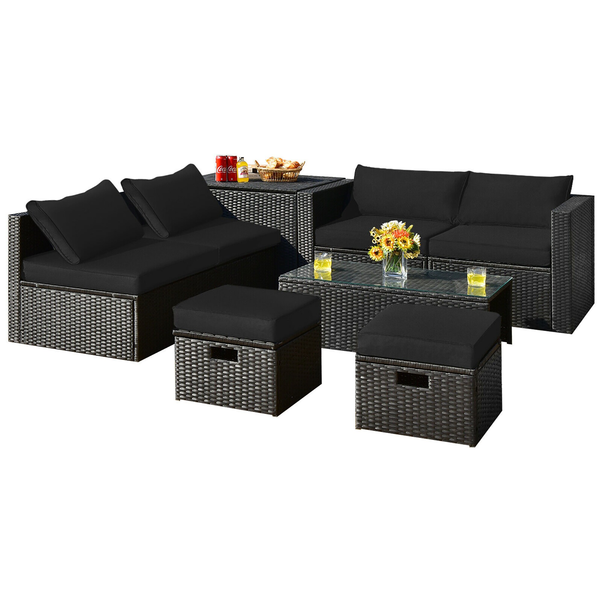 Forclover HYFW-605BA+ Storage Box and Waterproof Cover Included 8 -Piece Rattan 2 Patio Sofa Conversation Set with Black Cushions