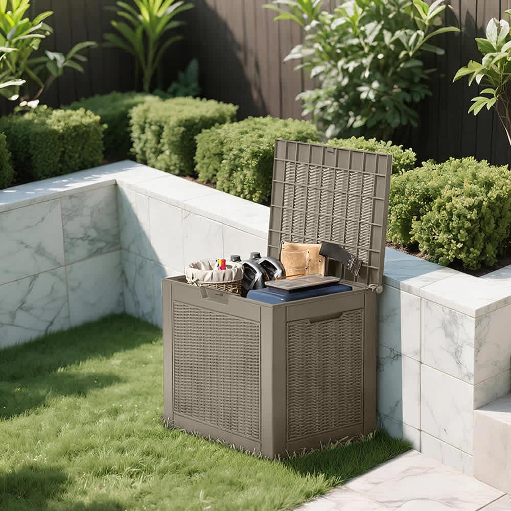 JUJABU YYXBOX-4-1 Light Brown Polypropylene 31.2 Gallon Deck Boxes Large Waterproof for Outside Storage