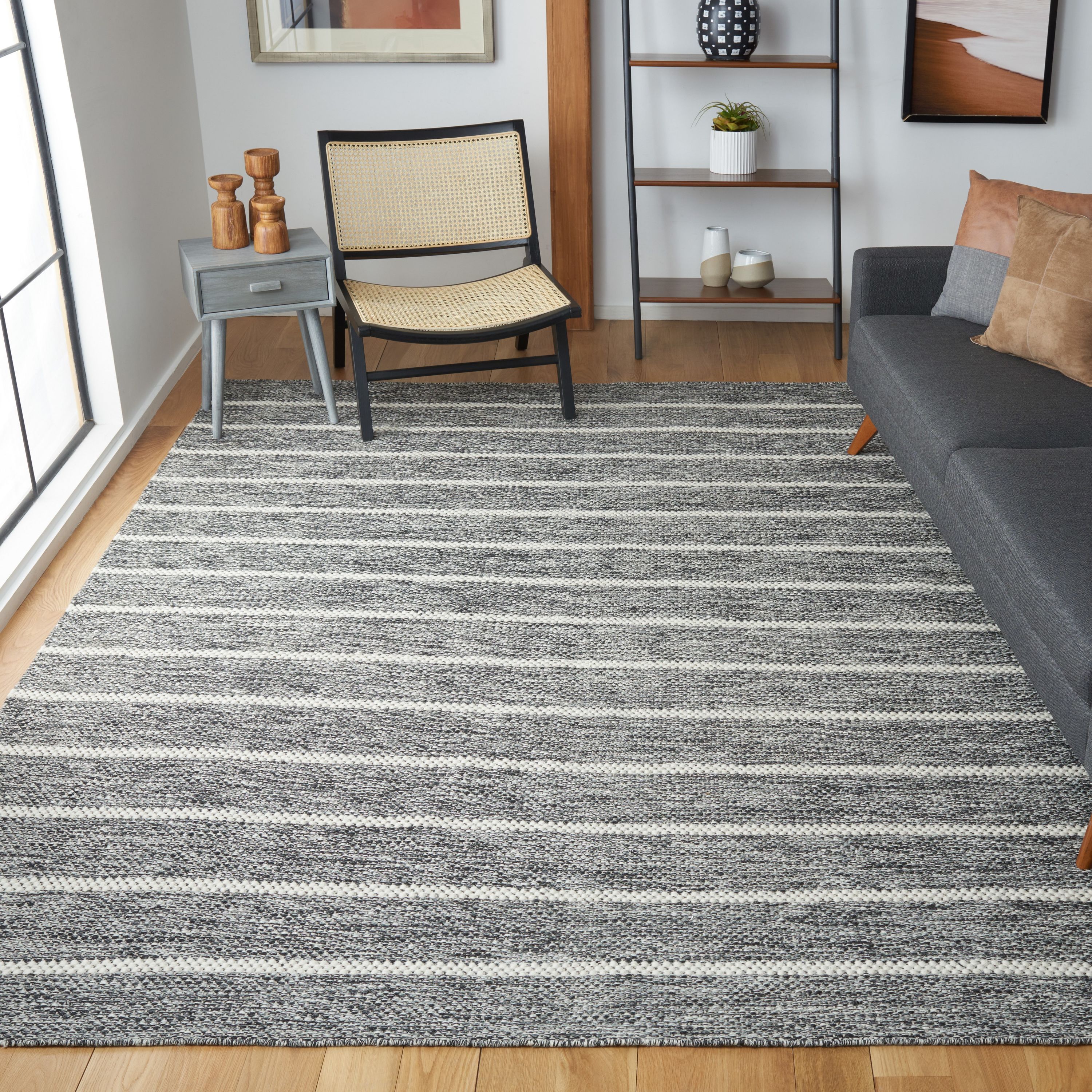 Handmade Black and Ivory Wool Striped 9' x 12' Area Rug