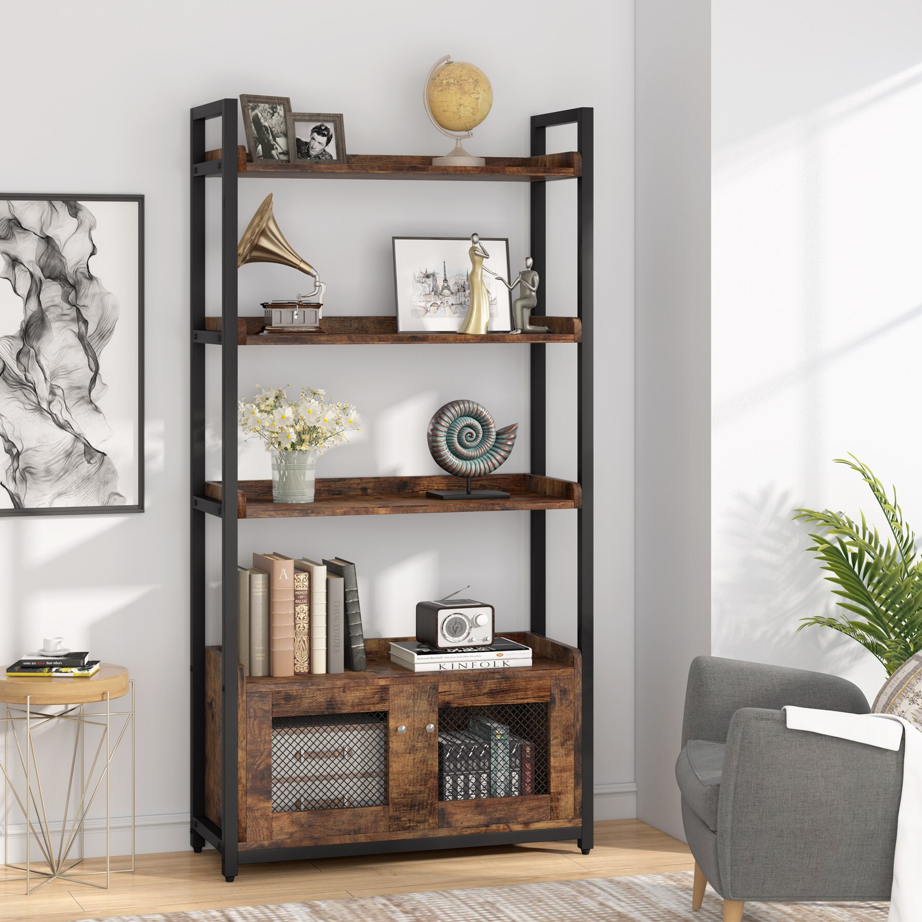 Tribesigns Hoga-CJ106 Brown Metal 4-Shelf Bookcase (31.5-in W x 70.9-in ...