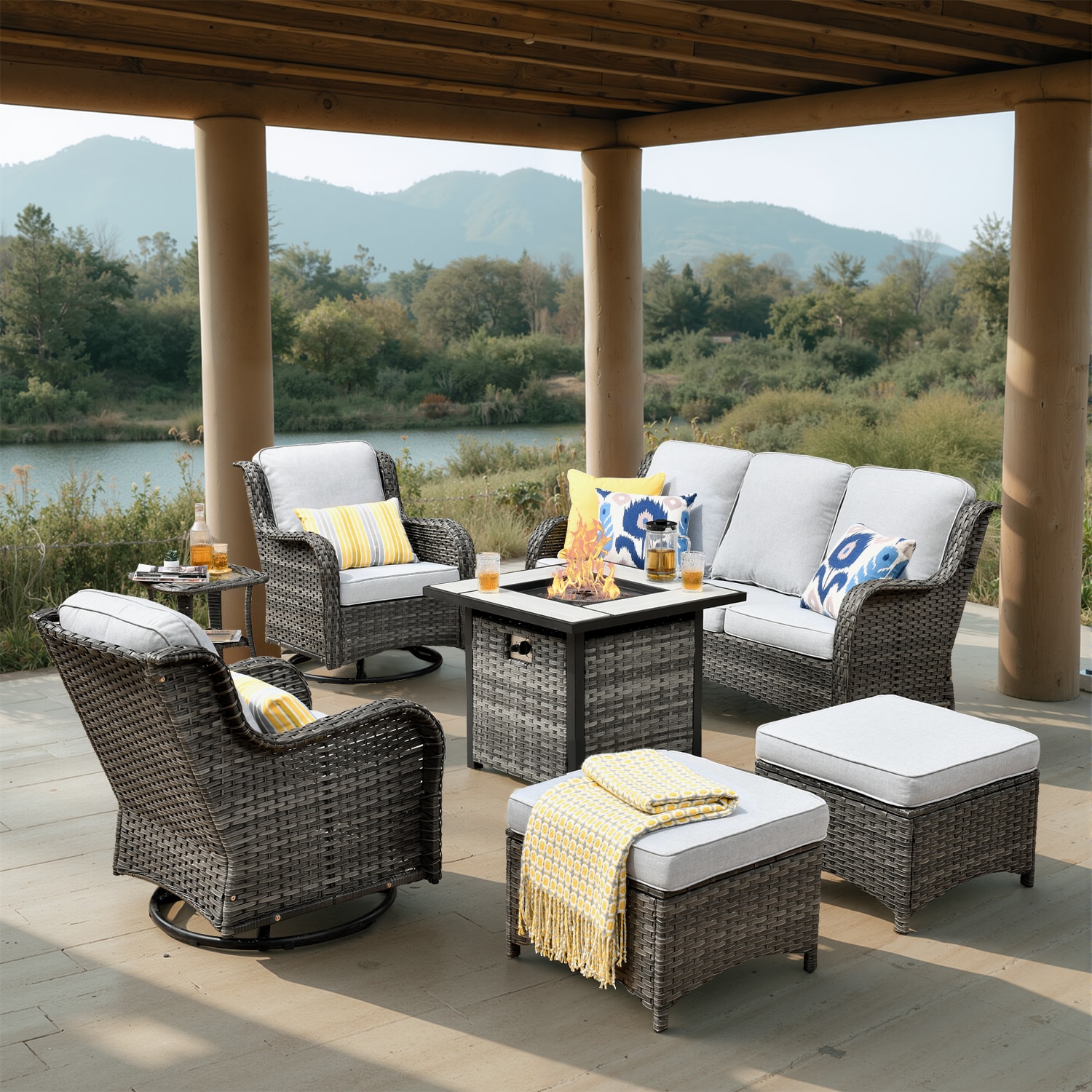 Pouuin SFPRGNTC406 7 -Piece Wicker Patio Sofa Conversation Set with Gray Olefin Cushions