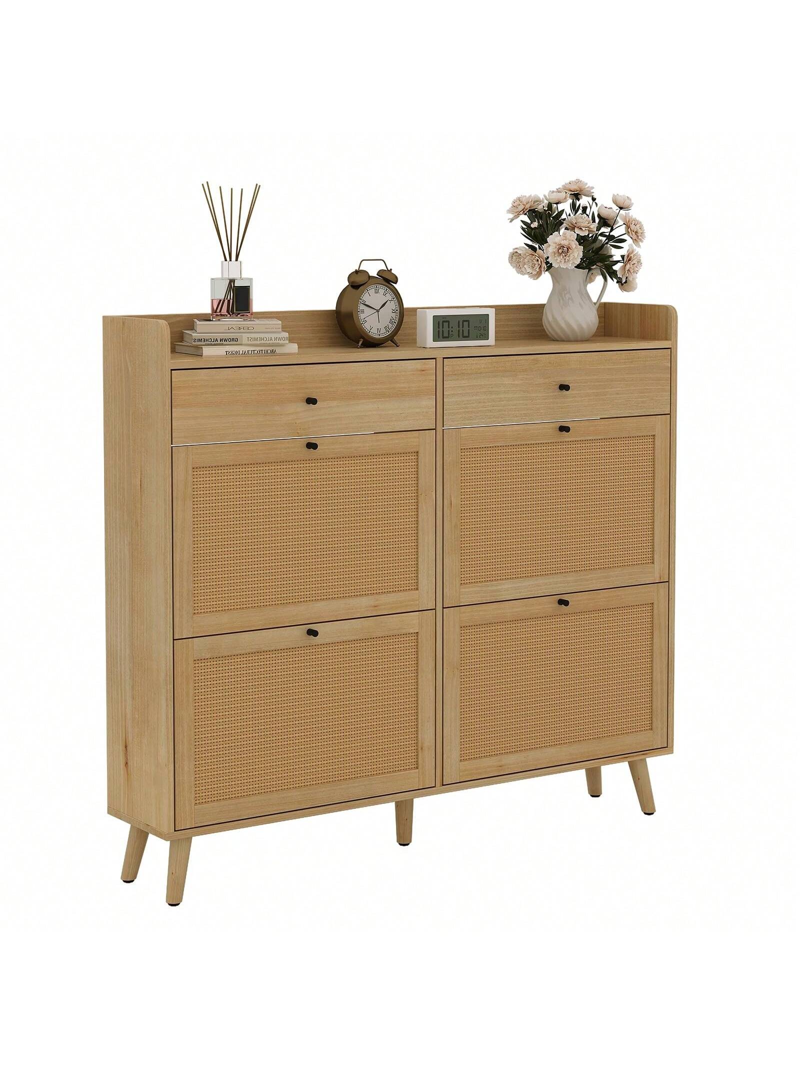 WhizMax Shoe Cabinet With 4 Natural Rattan Flip Drawers 2 Drawer Hidden Free-Standing Shoe Rack Wooden Shoe Storage Cabinet With Solid Wood Legs For Entryway Hallway Living Room
