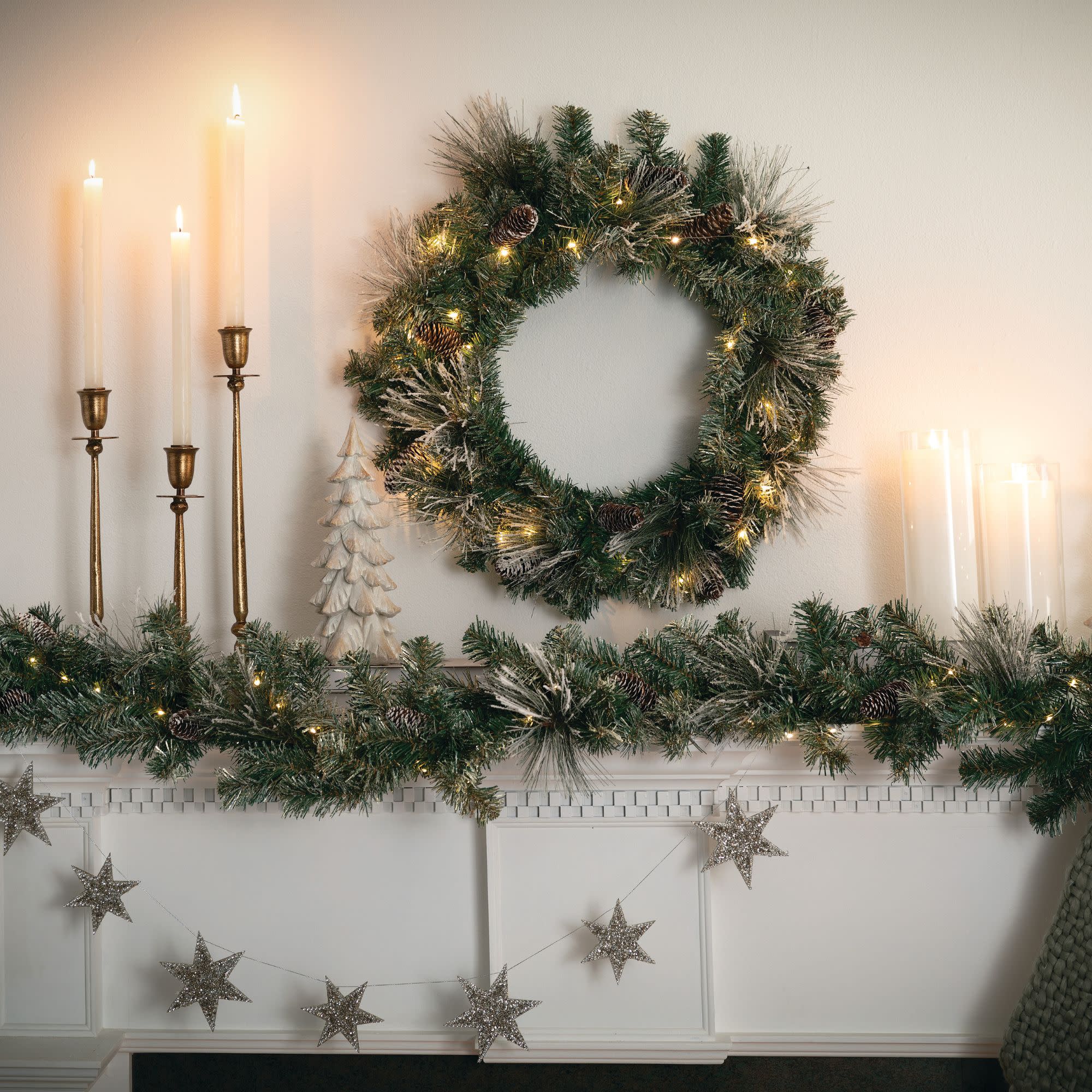 9-Foot Pre-lit Flocked Pine Christmas Garland with Pinecones and Gold Accents