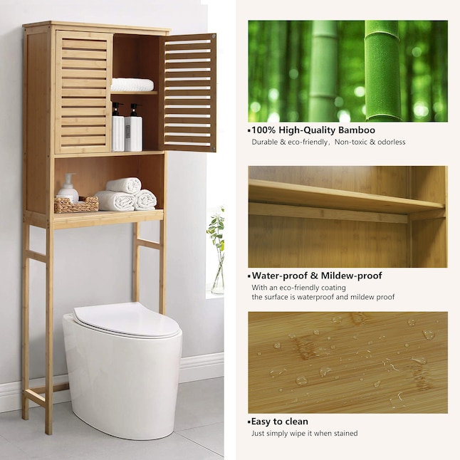 VEIKOUS 24 in. W x 66.9 in. H x 9 in. D Natural Bamboo Over-the-Toilet Storage with Adjustable Shelf in Yellow