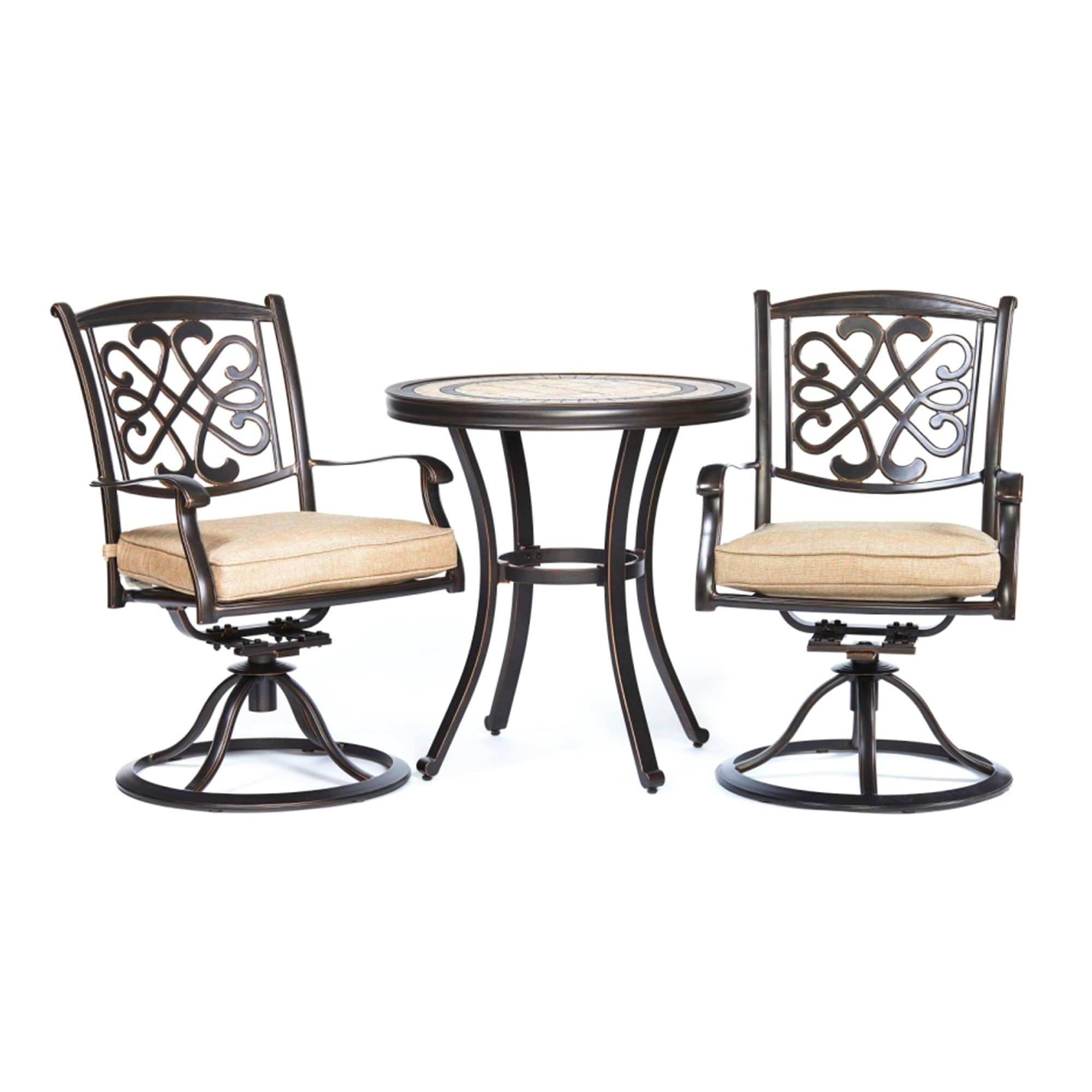 CASAINC CA-IVYR42-SR 3 -Piece dark gold Patio Dining Set Aluminum Round Table with 2 Off-white Cushions Swivel Chairs