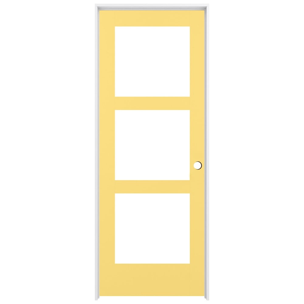 RELIABILT LO1370398 24-in x 80-in Marigold Solid core 3-panel square Frosted glass Left hand Smooth Prefinished Pine Wood Flat Jamb Single Prehung Interior Door