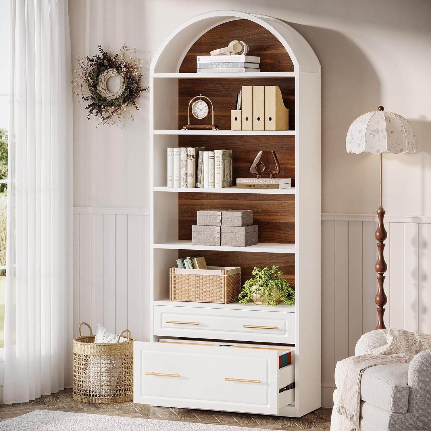 Tribesigns  76.8 inches Tall Arched File Cabinet Drawer Bookcase 5 Tiers Bookcase Modern Freestanding Wooden Bookshelves Large Open Display Storage Shelves for Home Office Living Room White