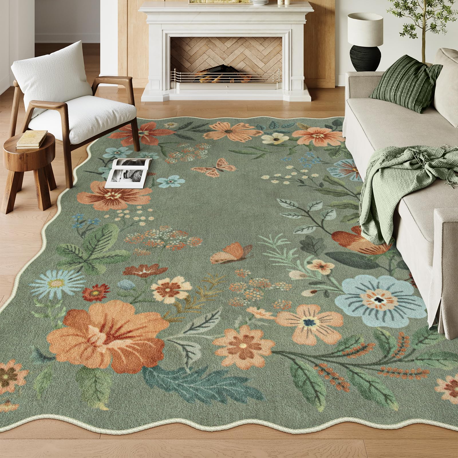 Lahome AR-DYR-177-G16 9 x 12 (ft) Mung Bean Green Vitality Nature Short Pile Faux Cashmere Floral Rectangular Indoor Area Rug