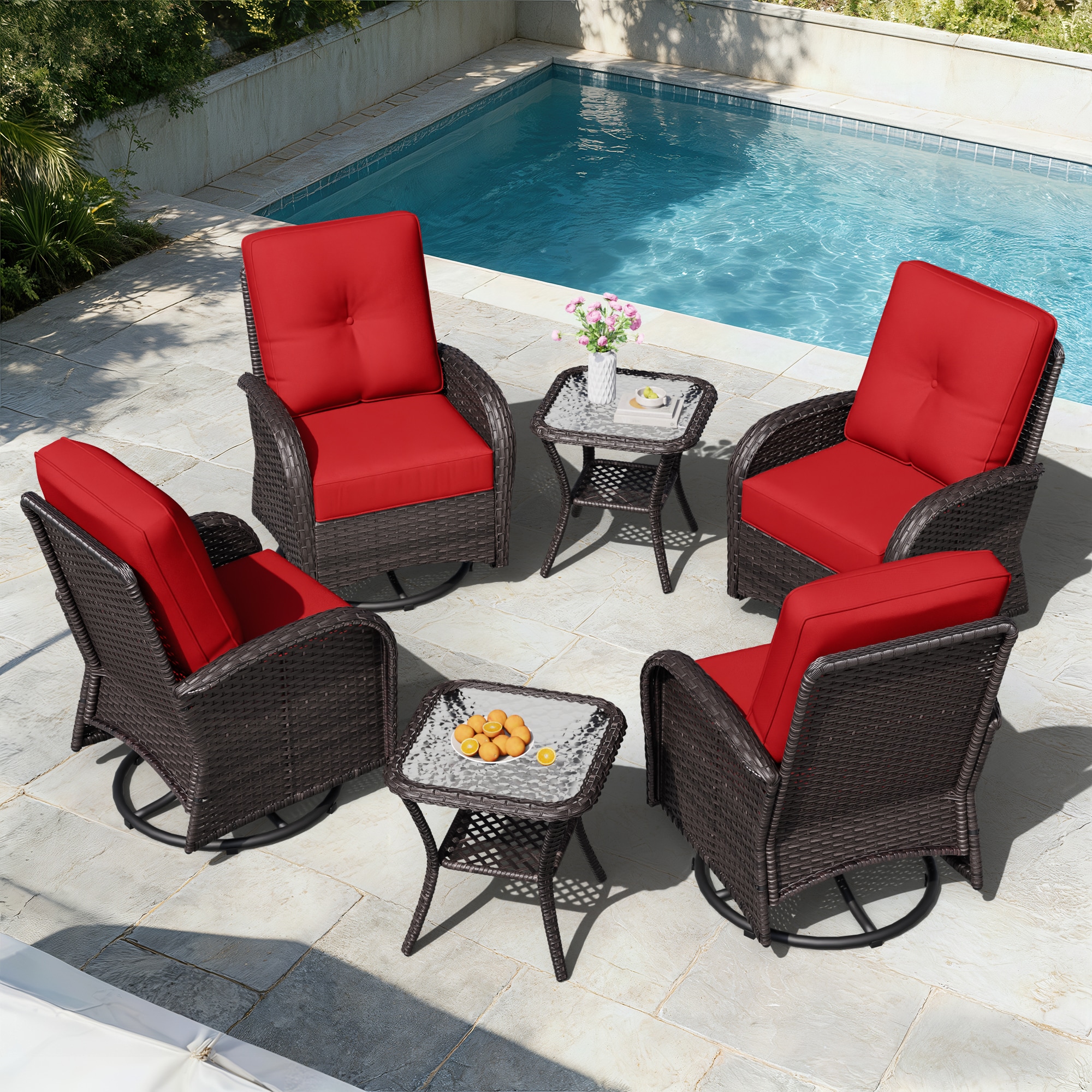 Gardenbee 6 -Piece Wicker Patio Conversation Set with Red Cushions Included