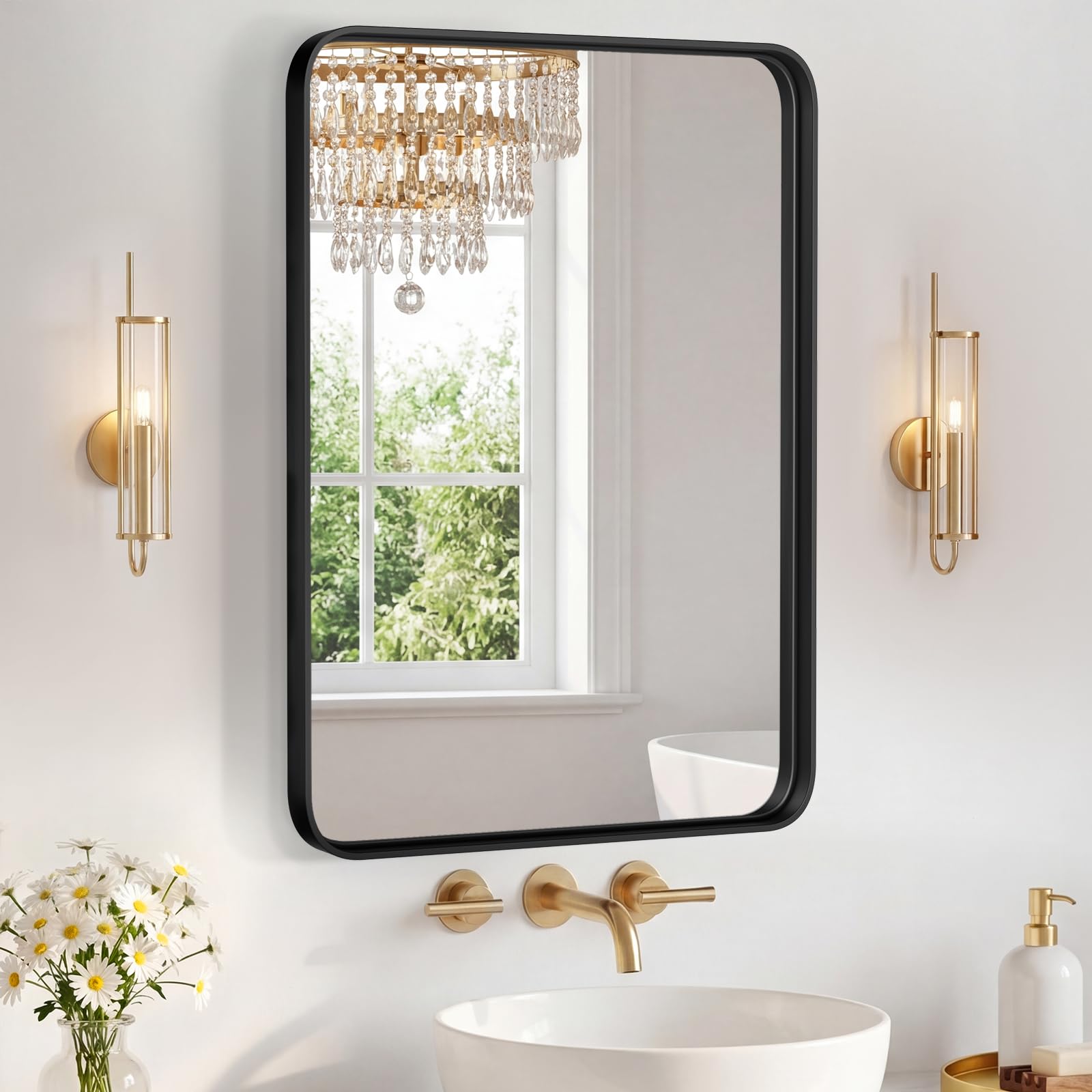 Atilioo 30-in W x 22-in H Rectangle Black Metal Framed Bathroom Wall Mirror