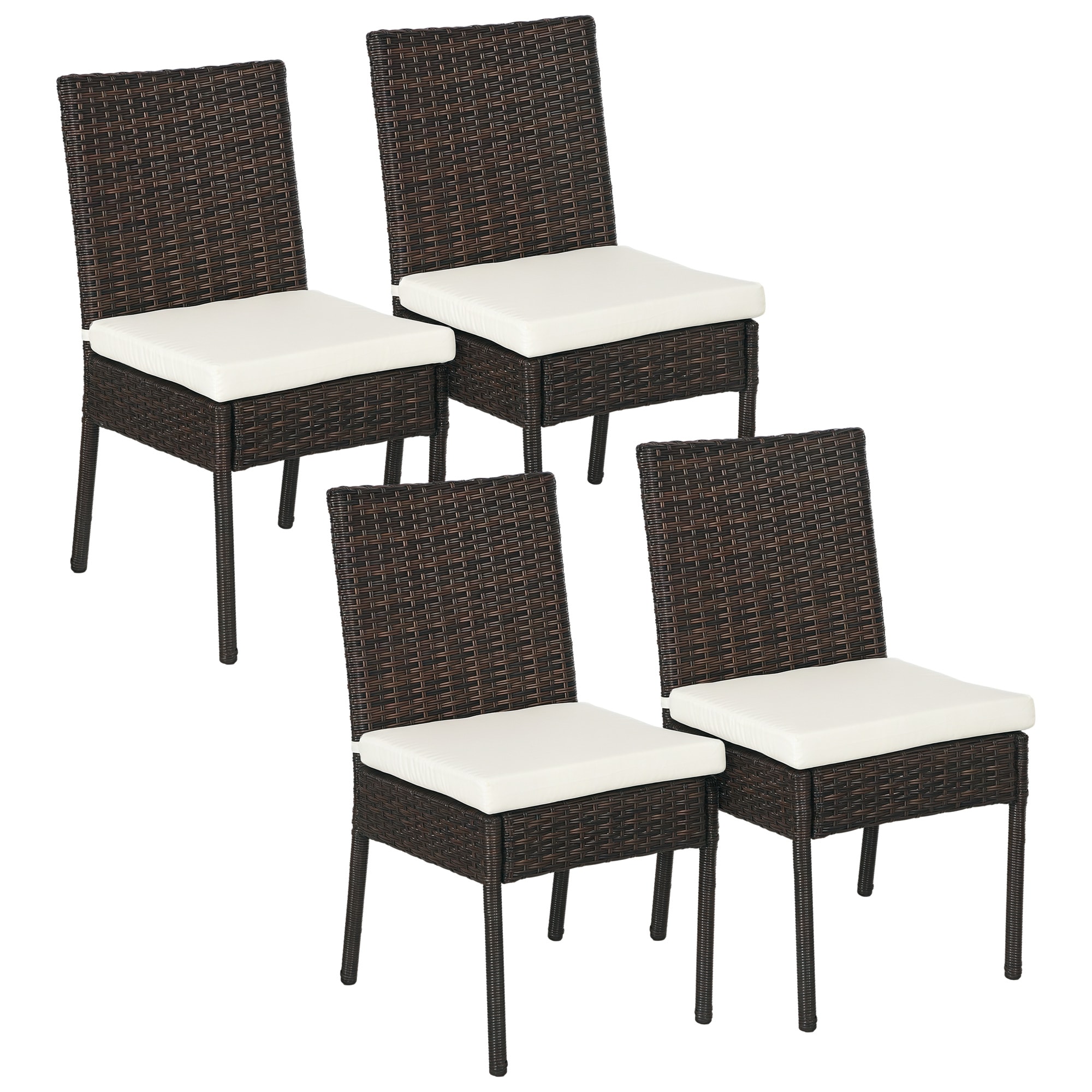Outsunny 861-090V01BN  4 PE Rattan Outdoor Dining Chairs with Cushions Patio Wicker Dining Chairs with Backrests for Porch Deck Garden White