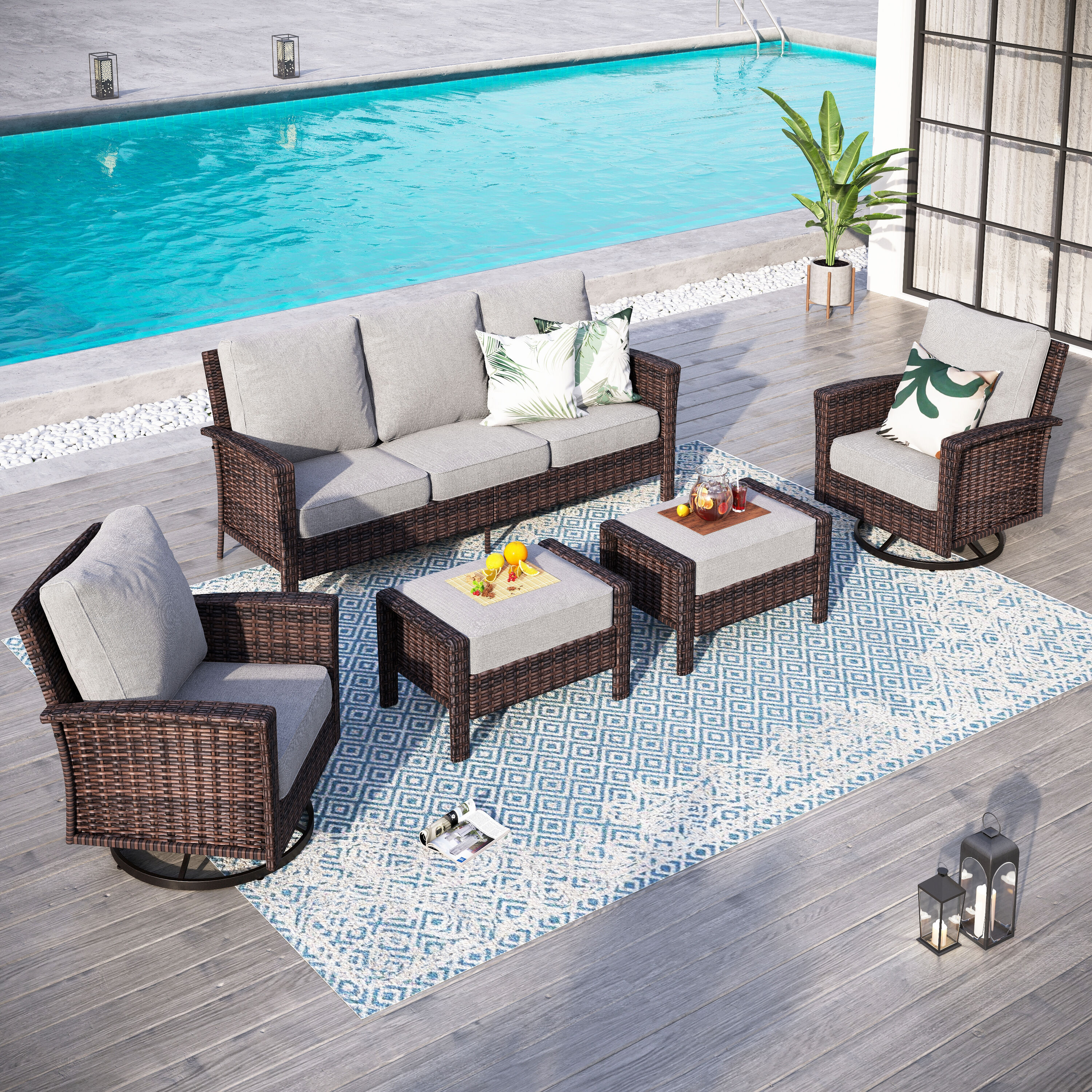 Sunshine Valley CR005-03-7-LGR 5-Piece Wicker Patio Sofa Conversation Set with Gray Cushion Pro Cushions