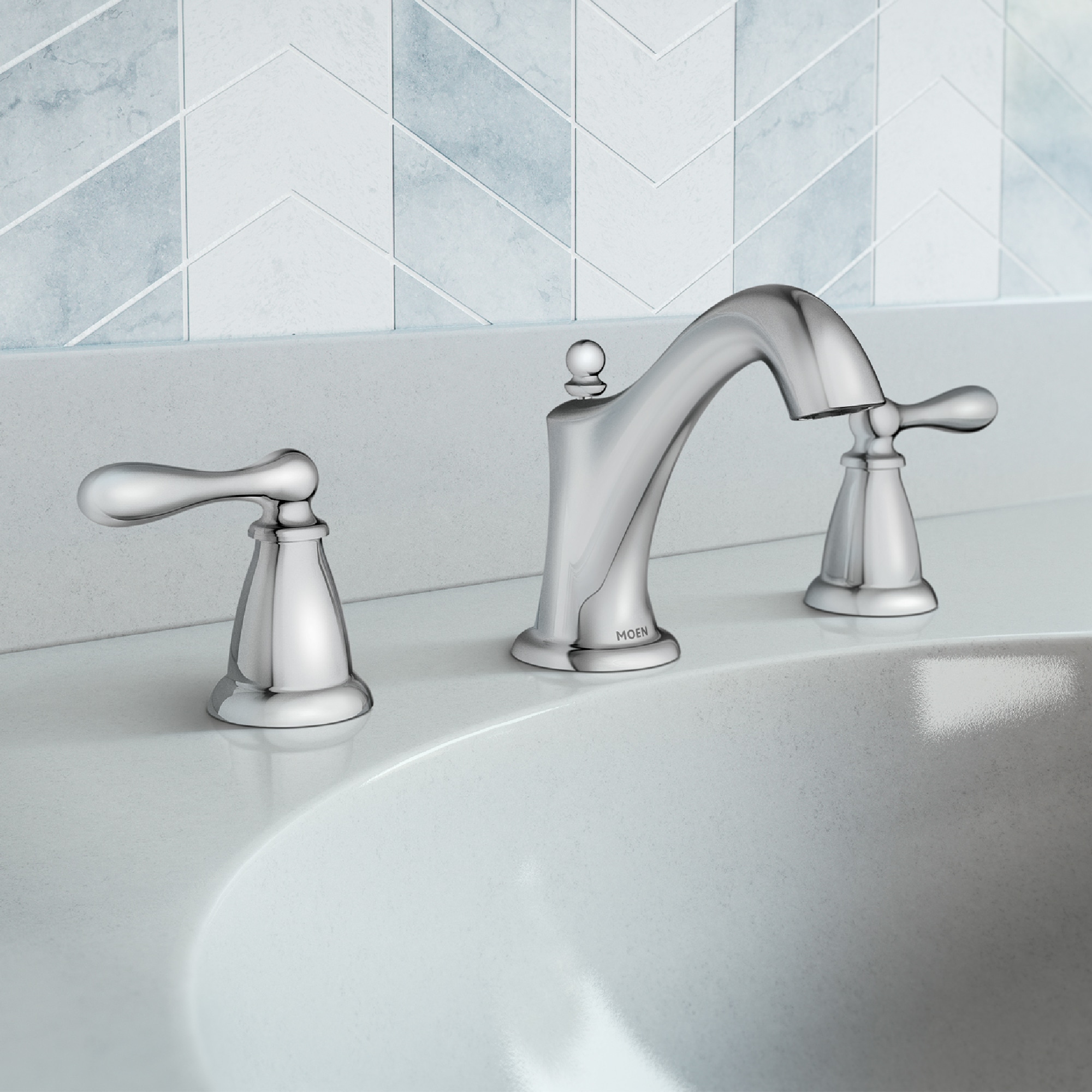 Moen WS84440 Caldwell Chrome Widespread 2-handle WaterSense Mid-arc Commercial/Residential Handle Bathroom Sink Faucet with Drain