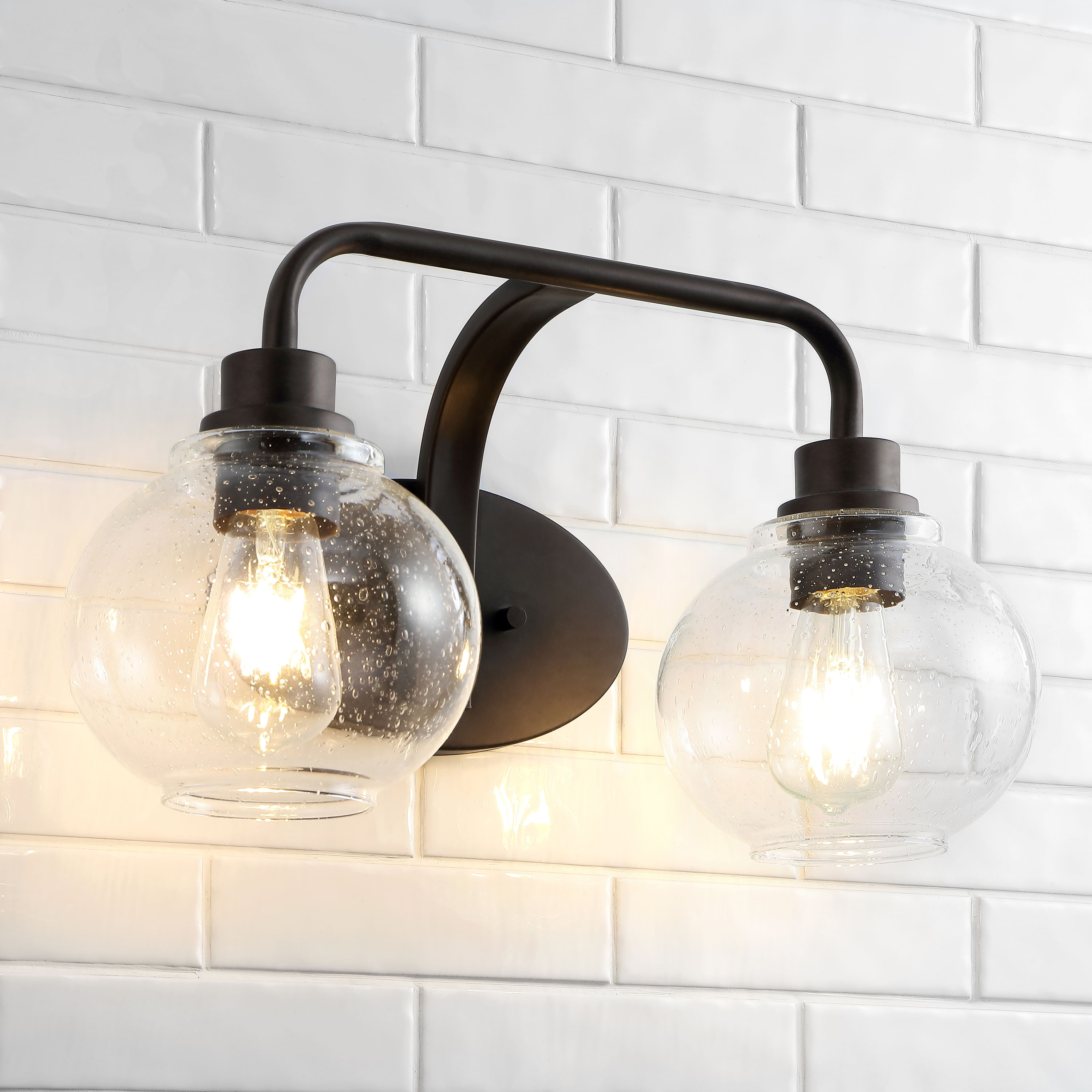 JONATHAN  Y JYL7527A Sandrine Iron/Seeded Glass Cottage Rustic 17.5-in 2 -Light Oil-rubbed Black Farmhouse Vanity light