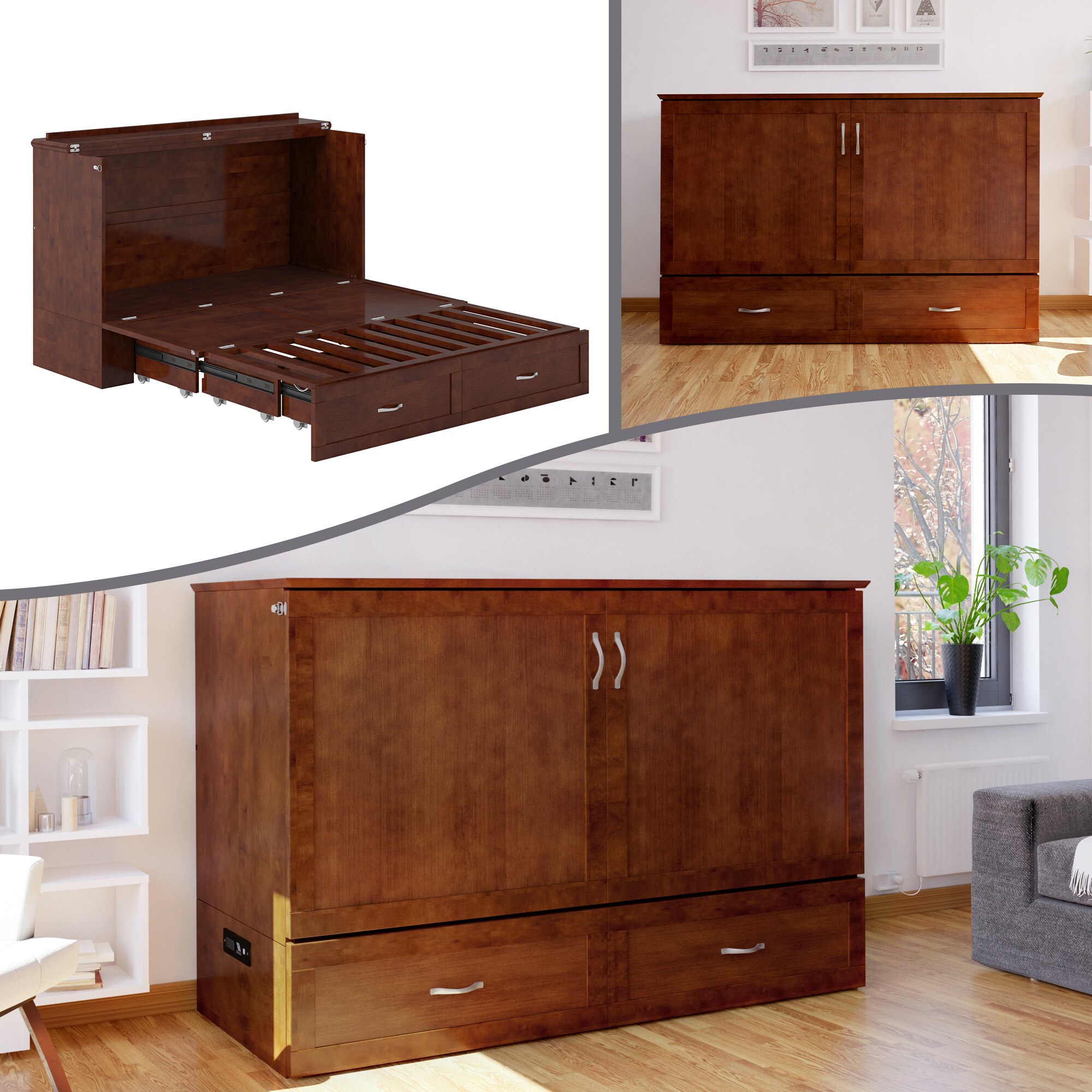 AFI AC624104 Alara No Mattress Walnut Queen Wood Murphy Bed with Storage