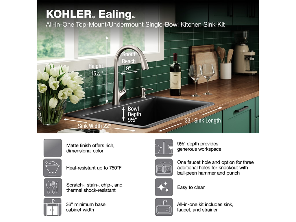 Kohler K-28003-1-CM1 Matte Black Kennon 25 x 22 x 10-5/8 Neoroc Top-mount/undermount Single-Bowl Kitchen Sink