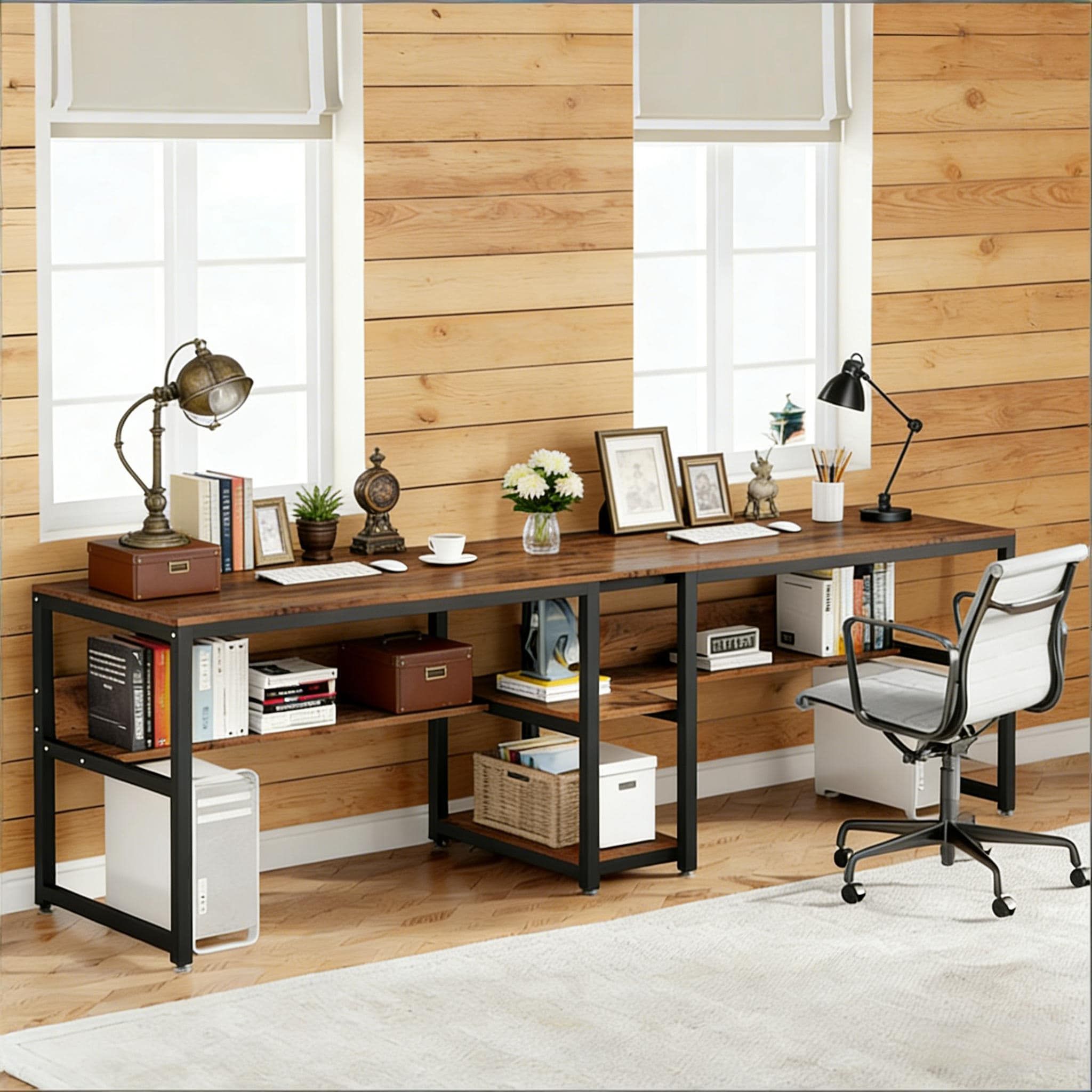 JUSHUA Multicolor Double Computer Desk with Bookshelf and Office Furniture