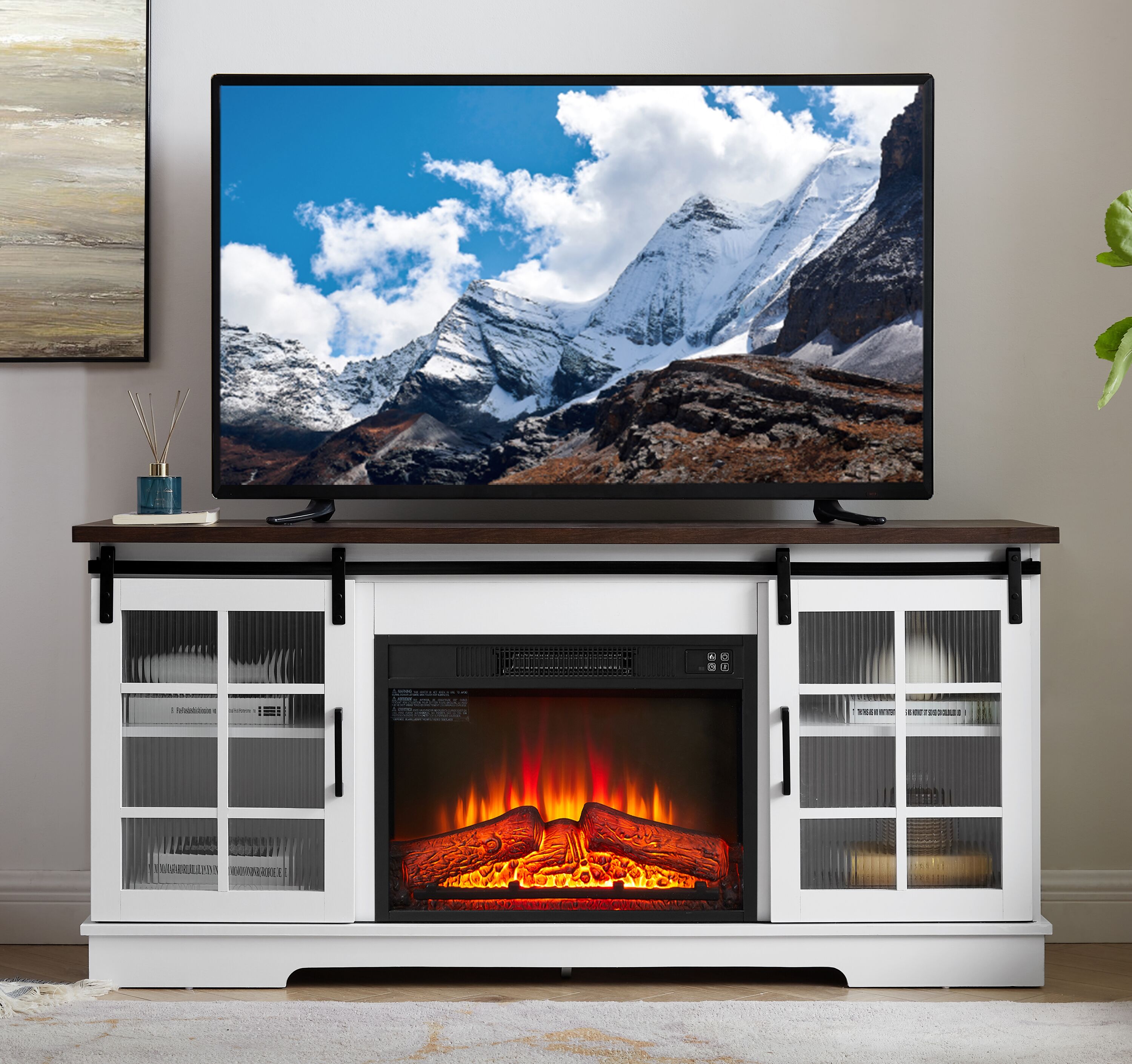LUXEYARD 59 inch W Multipurpose Sliding Door TV Cabinet 23inch Fireplace
