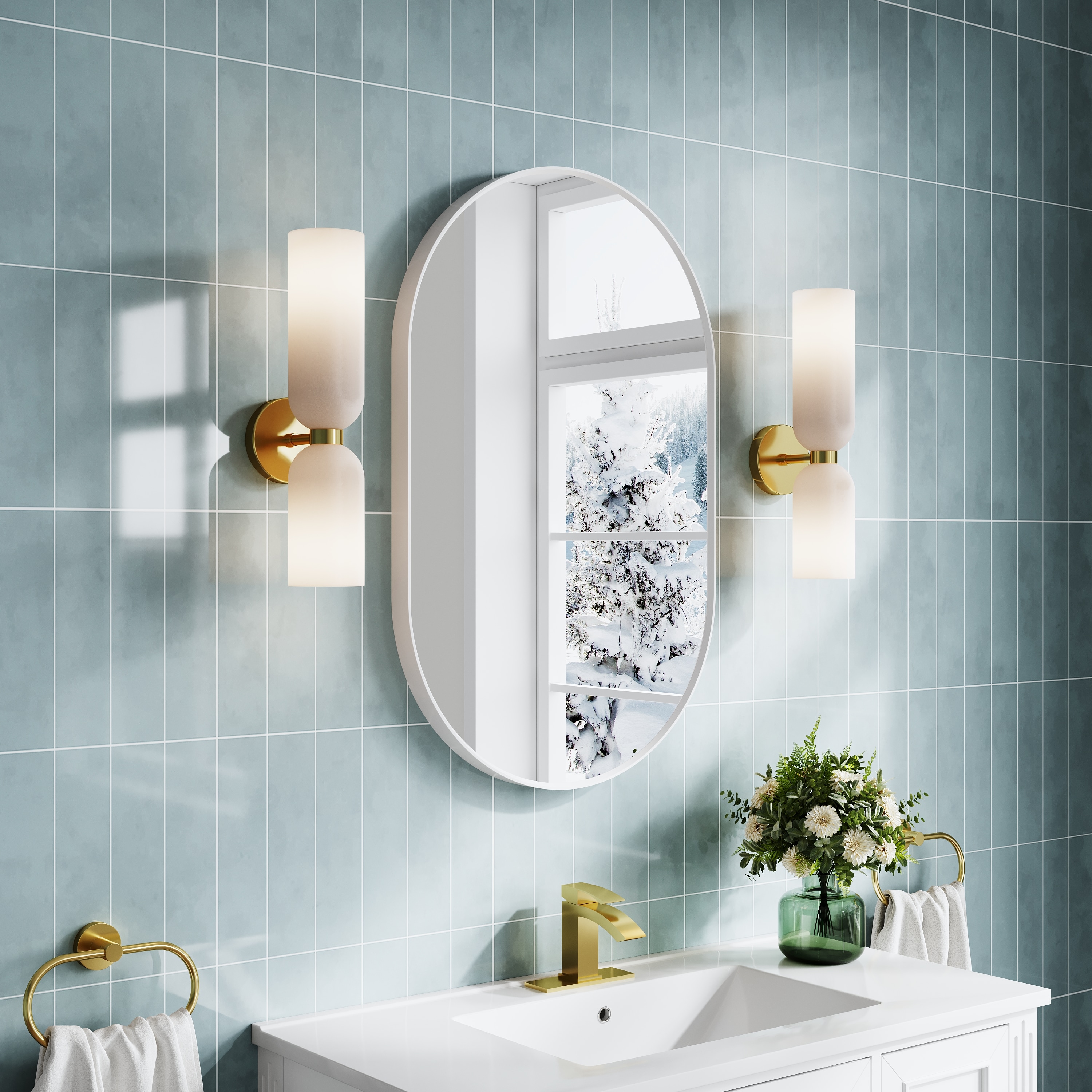 CALVON 24-in W x 40-in H Oval White Framed Wall Mirror