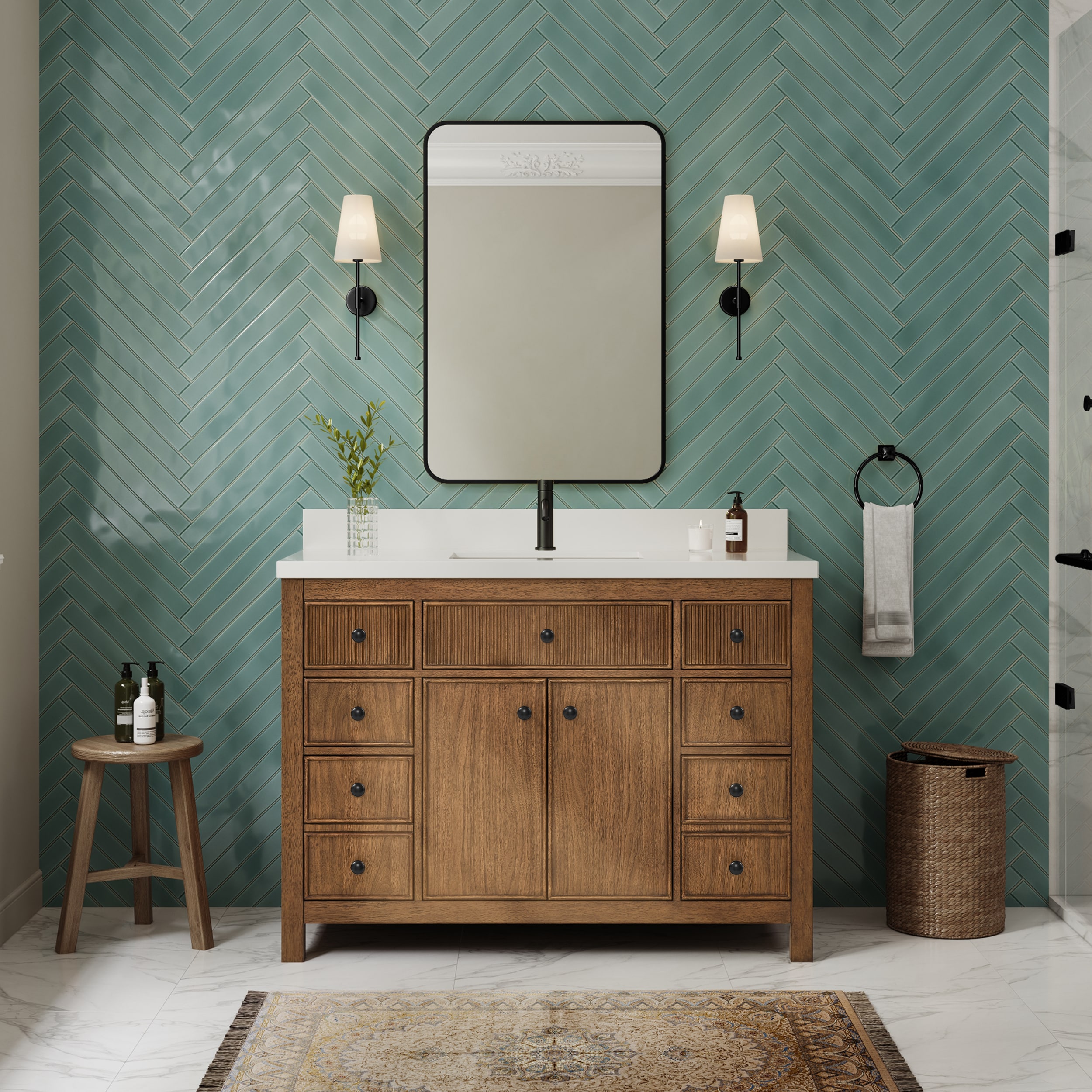 Wyndham Collection Rian 48 Inch Single Bathroom Vanity in Toasted Walnut, White Quartz Countertop, Undermount Square Sink (1-Hole), Matte Black Trim