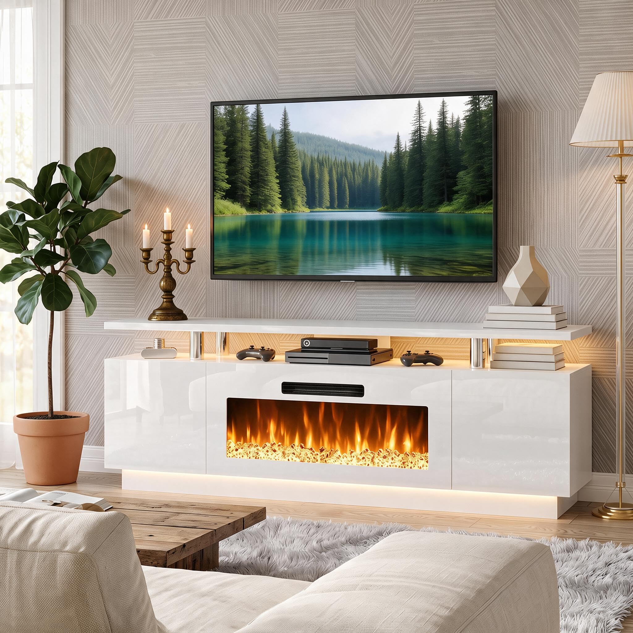 DEXSO 70 Inch 2 Tier Electric Fireplace TV Stand Engineered Wood Media Console