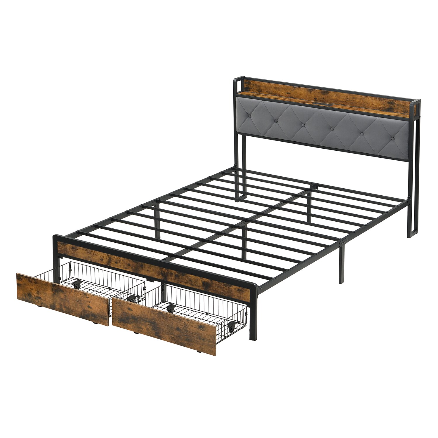 GZMR Dark Grey Queen Wood and Metal Bed Frame with Storage