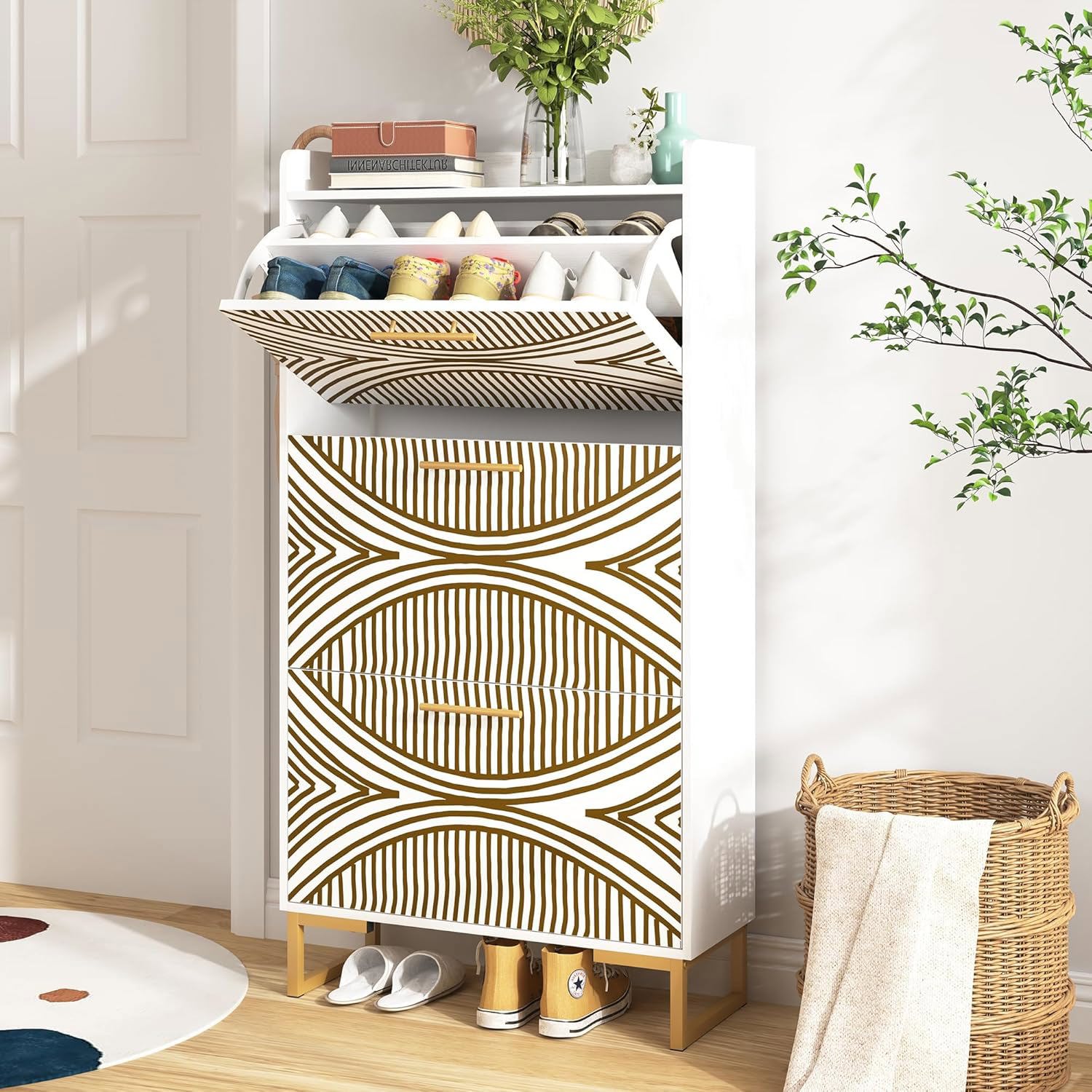 CIPACHO WBWB20000 White Slim Hidden Shoe Cabinet with 3 Flip Drawers Metal Legs for Entryway Hallway Living Room