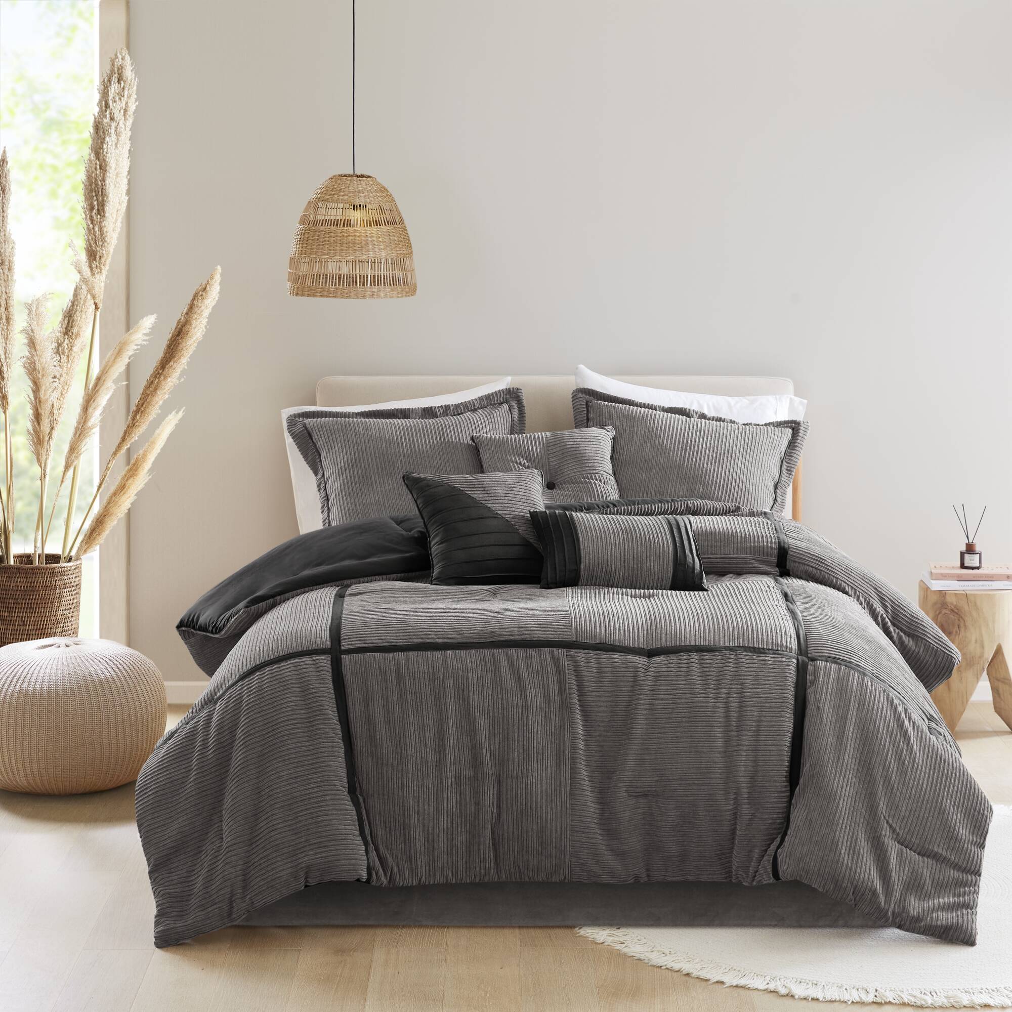 Tinyhomie 7 Piece Micro Corduroy Comforter Set Grey King
