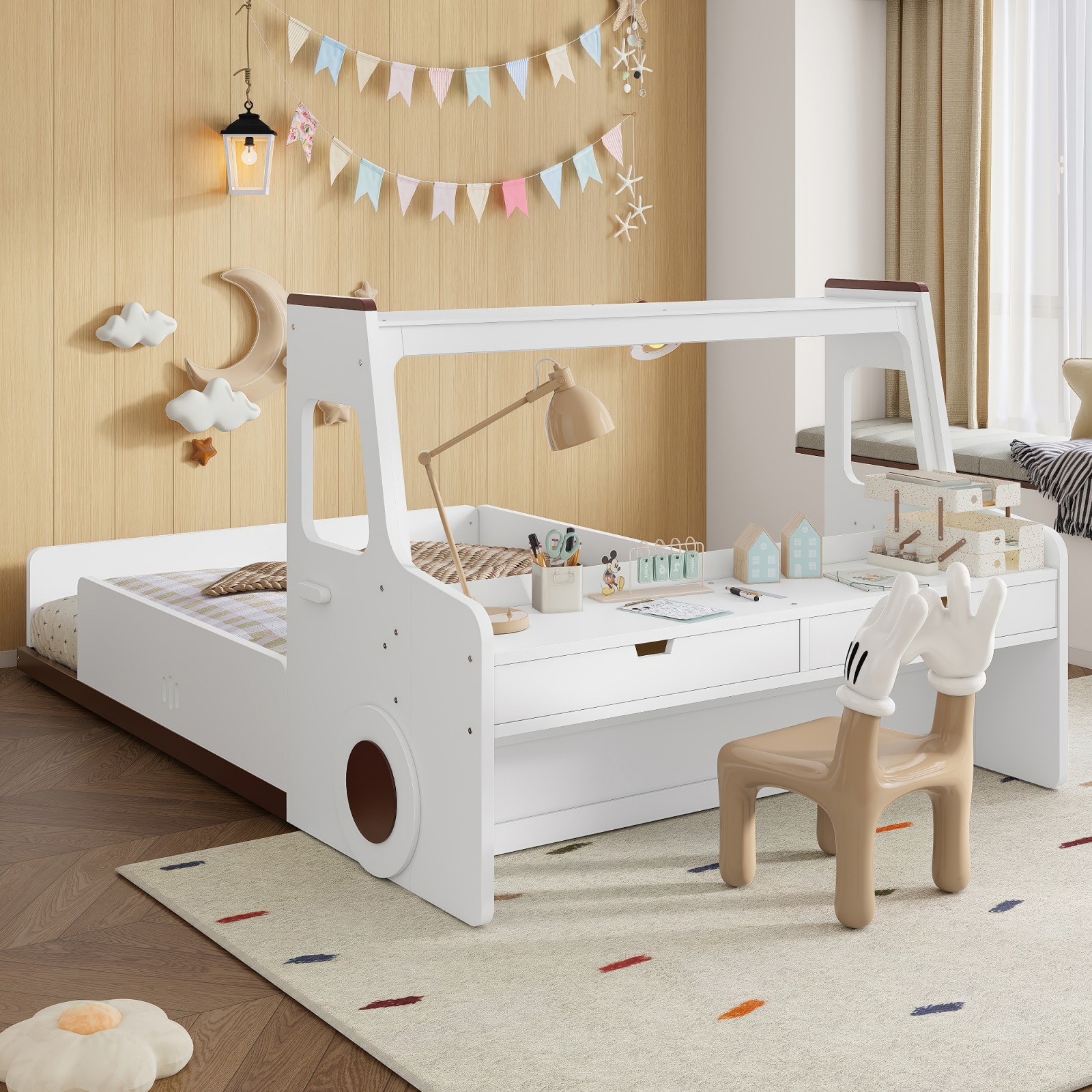 GlasFlength  Full Size Kids Floor Bed with Interesting Car Shape Design Storage Drawers Window and Desk Childlike Style White Children Bedroom Furniture