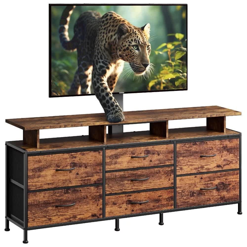 Aok Garden TV Stand with Mount for 32-75 inch TVs Dresser TV Stand with 7 Storage Drawers Rustic Brown