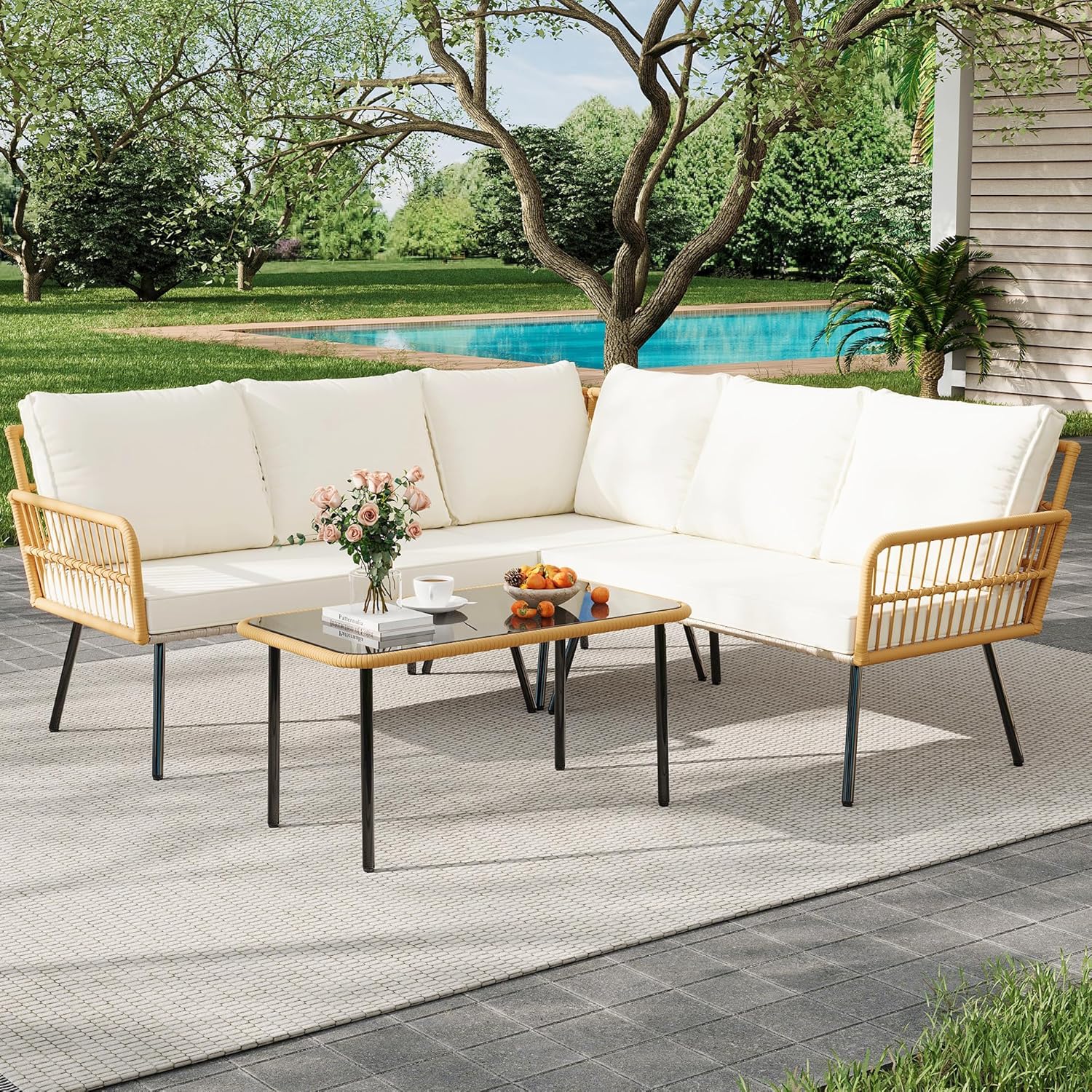 Qeetex LHF-HW-PHO-34UGWSA3 4 Pieces Outdoor Patio Furniture Set with Table All-Weather Boho Wicker Rattan Patio Sectional L-Shaped Sofa Metal Frame Detachable Cushions for Patio Balcony Backyard Deck Beige