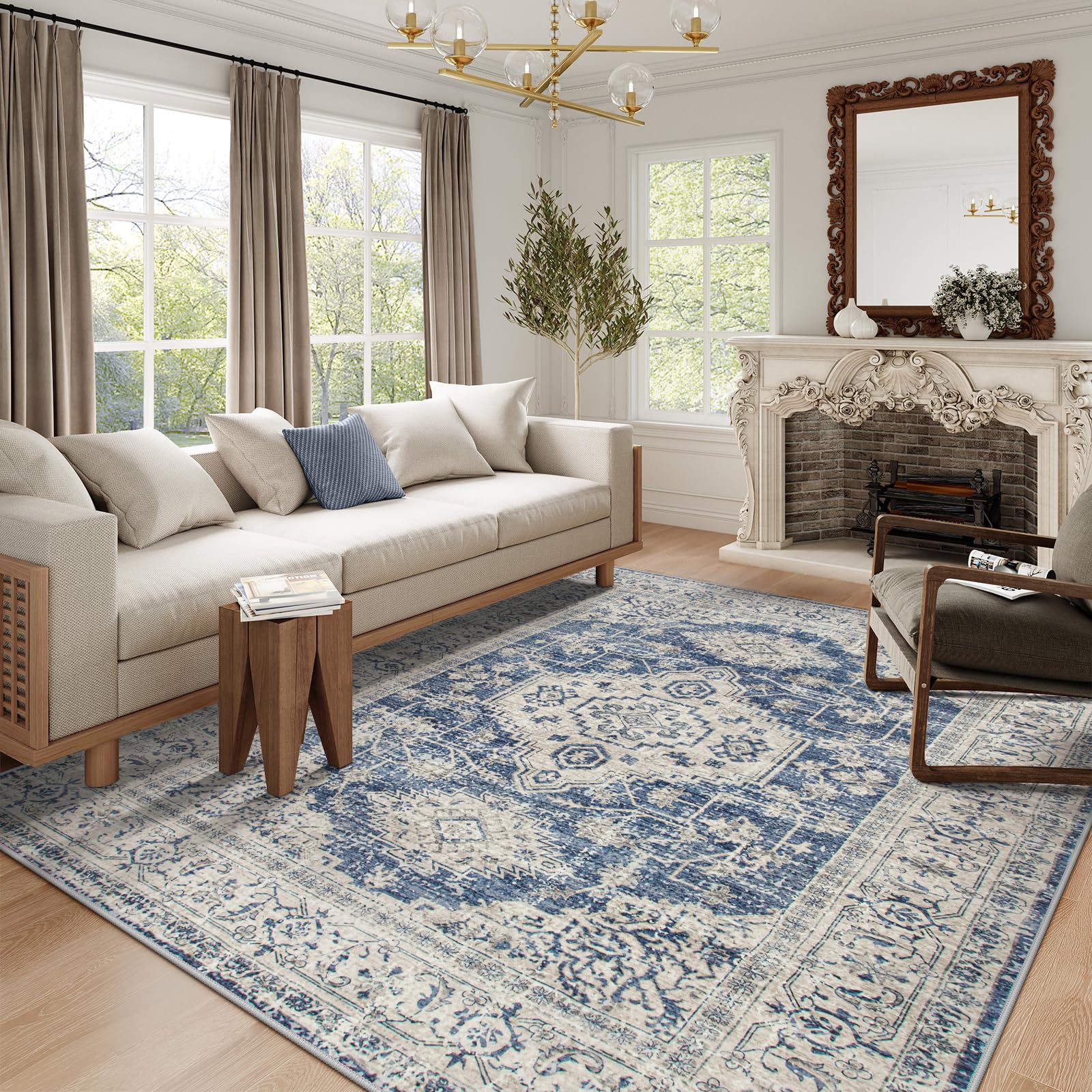 Lahome AR-DYR-071-BL4 8 x 10 (ft) Blue Persian Medallion Short Pile Velvet Rectangular Indoor Area Rug