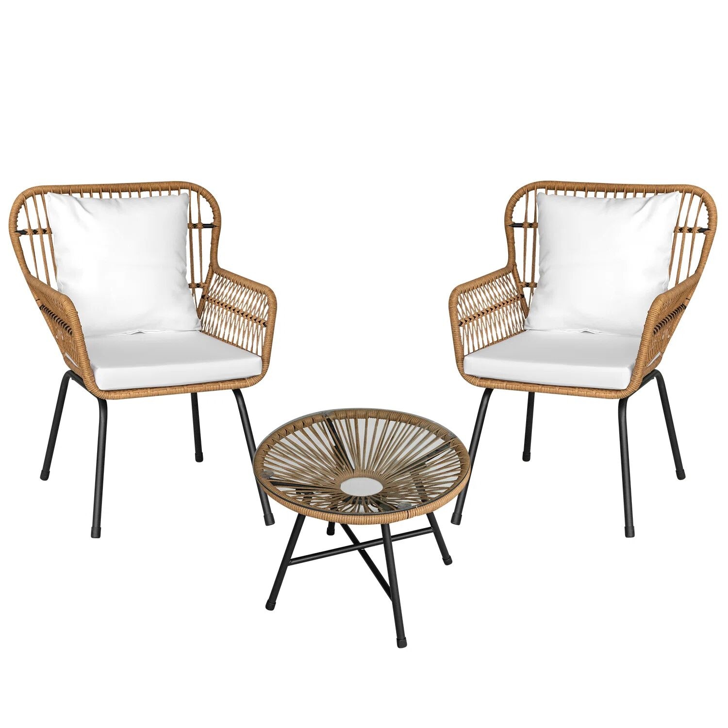 Vineego LS-LCRF22-0130-82 3 -Piece Wicker Patio Conversation Set with White Cushions