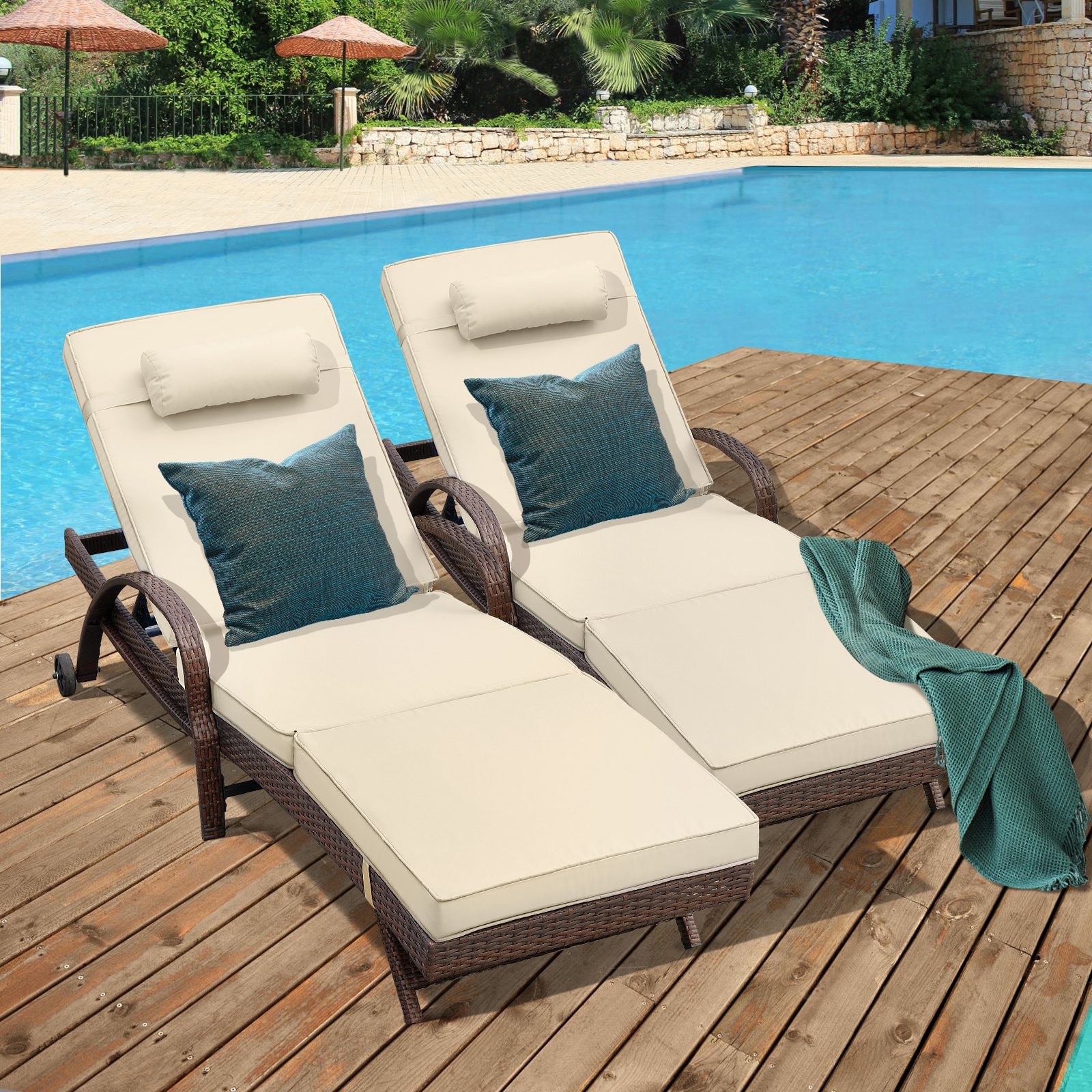 NOBLEMOOD LS-2015KH-2 Patio Chairs Set of 2 Rattan Brown Metal Frame Stationary Chaise Lounge Chair with Beige Cushioned Seat