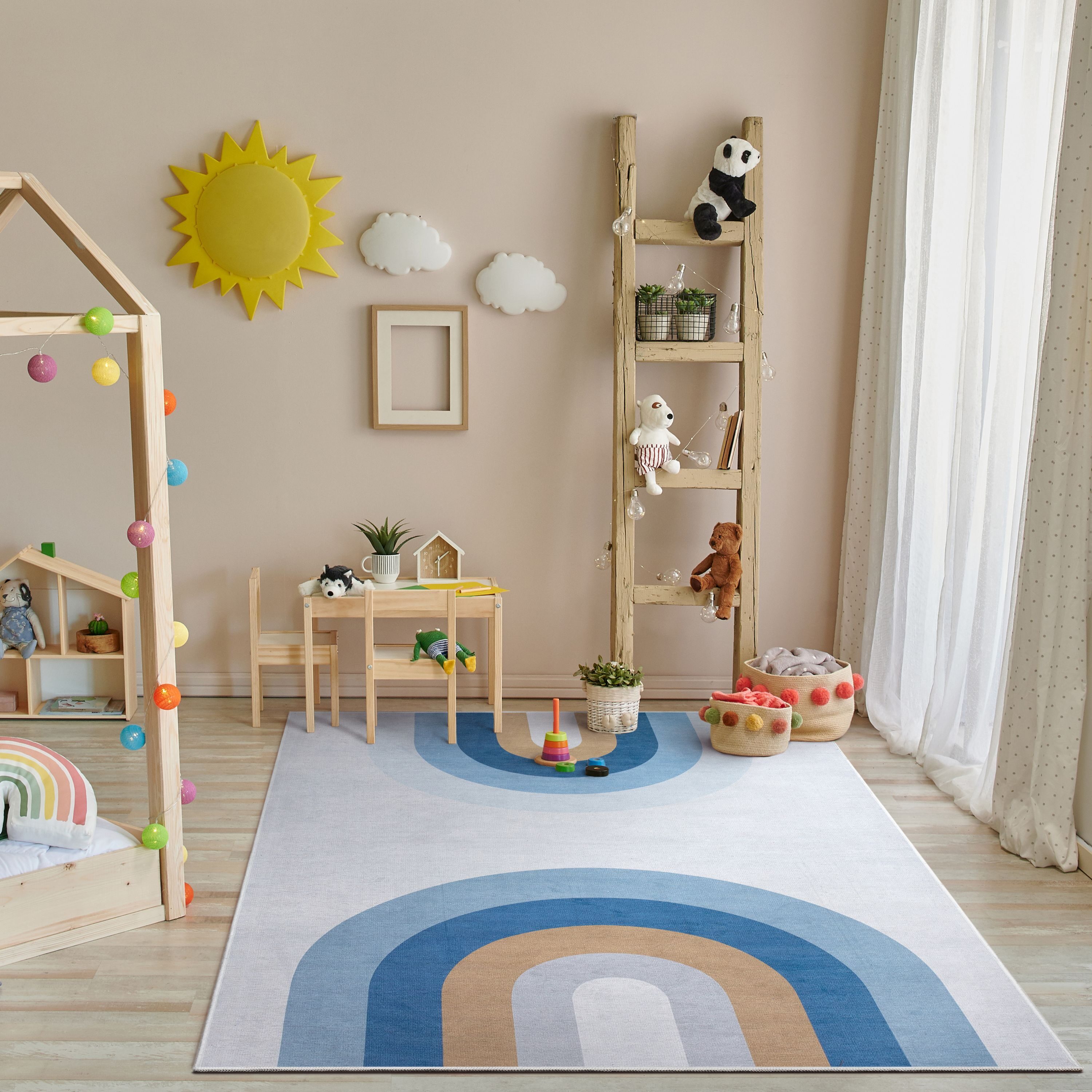 Blue Chenille Synthetic Flat Woven Kids Rug 5' x 7'