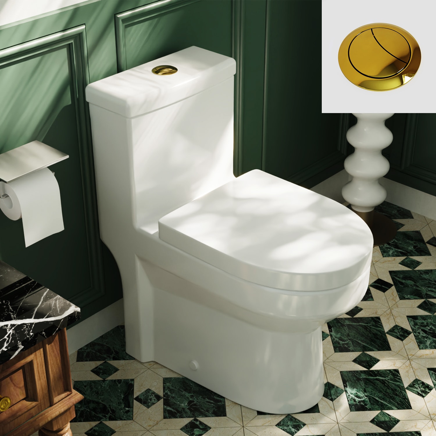 DeerValley DV-1F52813-G Liberty Gold Button Round Standard height 12-in Rough-In WaterSense 1.6 GPF Dual Flush Soft Close 1-piece Toilet