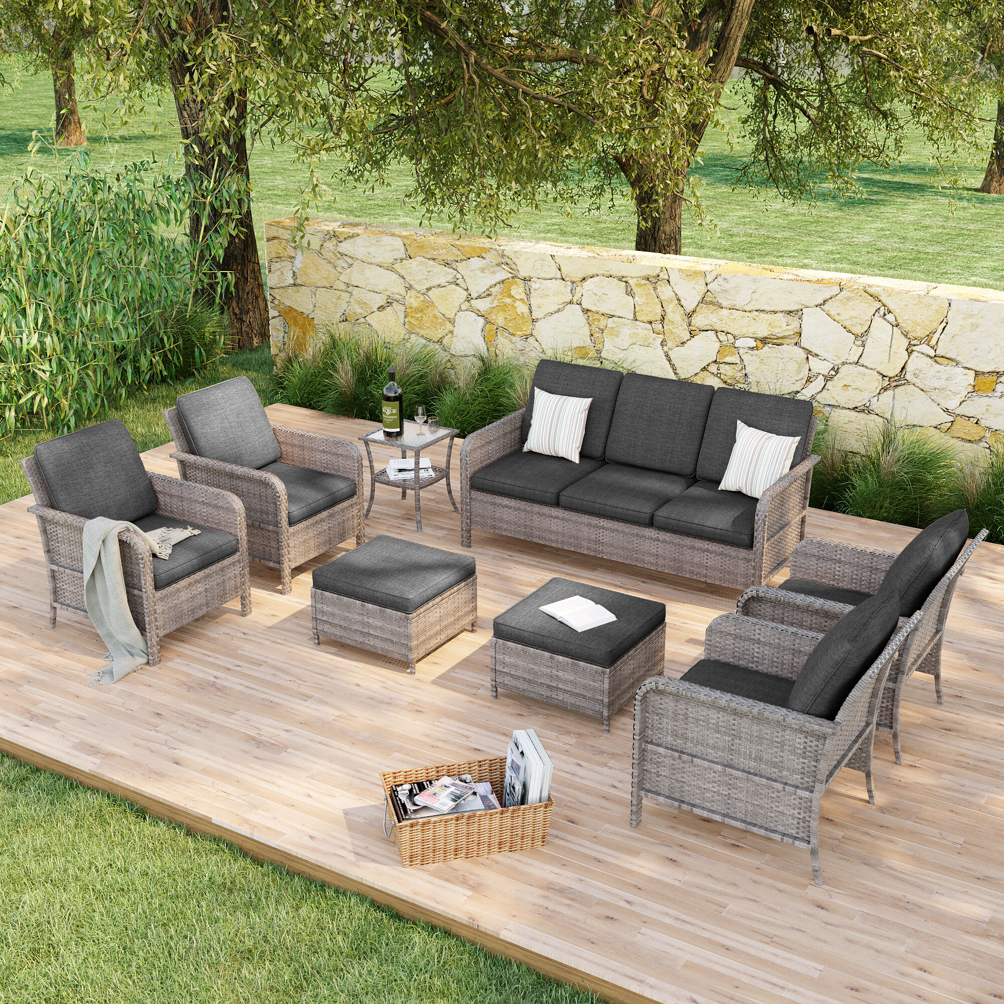 Sonkuki SD-PS-155HBK-S2T2 Patio Conversation Set 8 -Piece Wicker Patio Sofa Conversation Set with Black Cushions