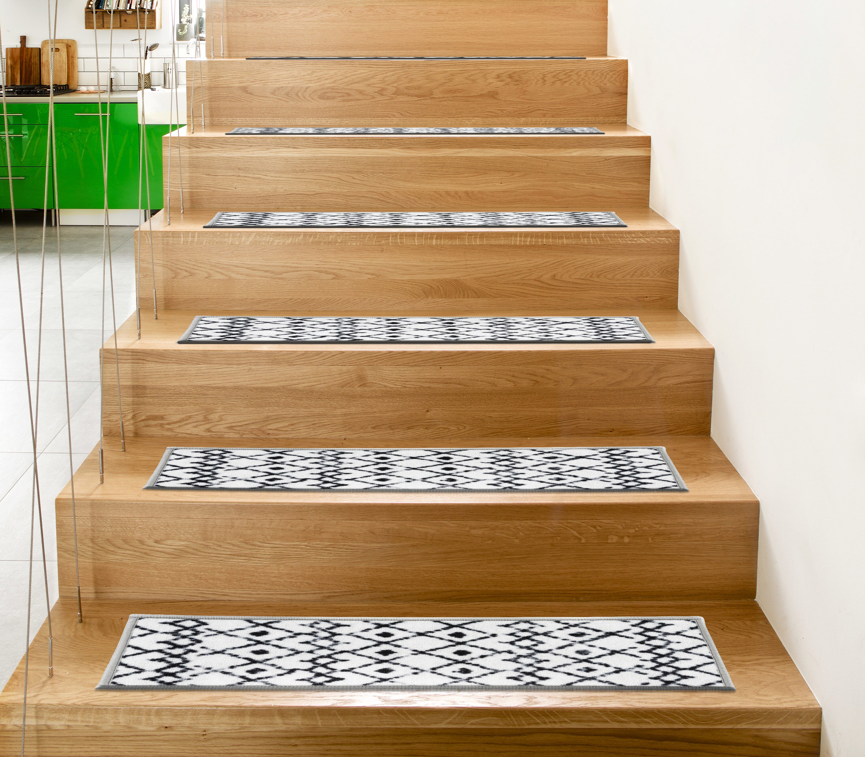 Cream and Black Geometric Nylon Non-Slip Stair Treads Set of 4