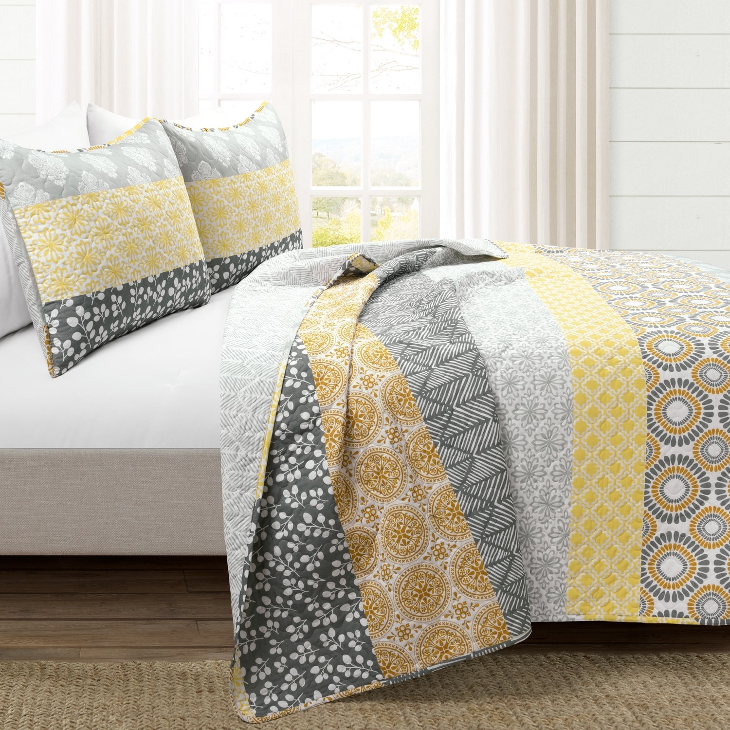 Bohemian Yellow and Gray Cotton Reversible Full Quilt Set