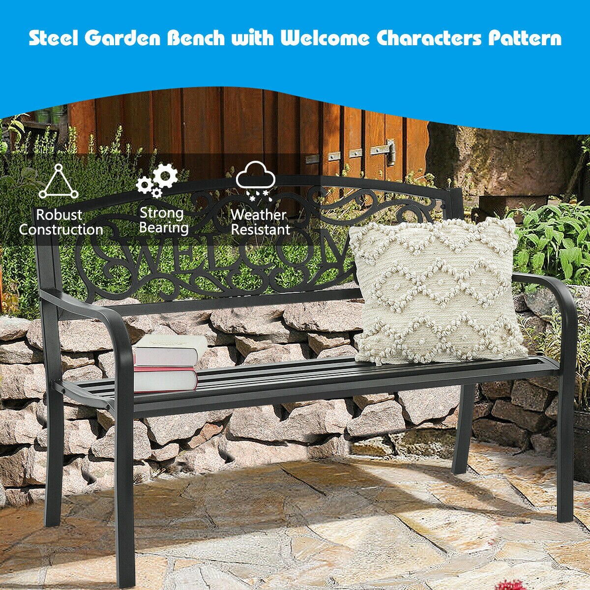 Clihome Outdoor Bench 41-in W x 34.5-in H Dark Wicker Steel Garden